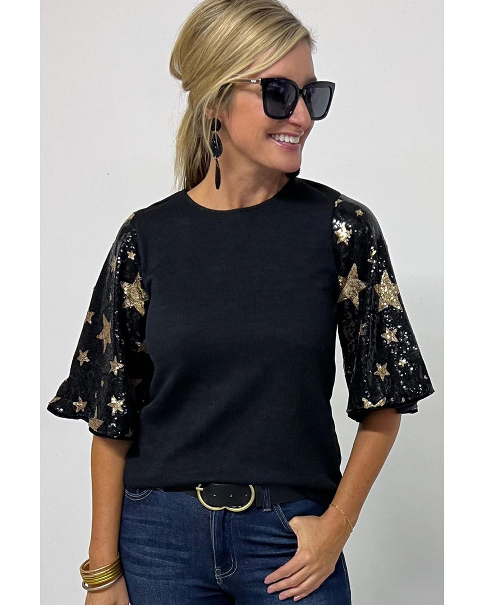 V539-AZEXDC25126186-P2-S-202506120037-00 Black Star Sequin Splicing Half Sleeve Top - S - Image 1