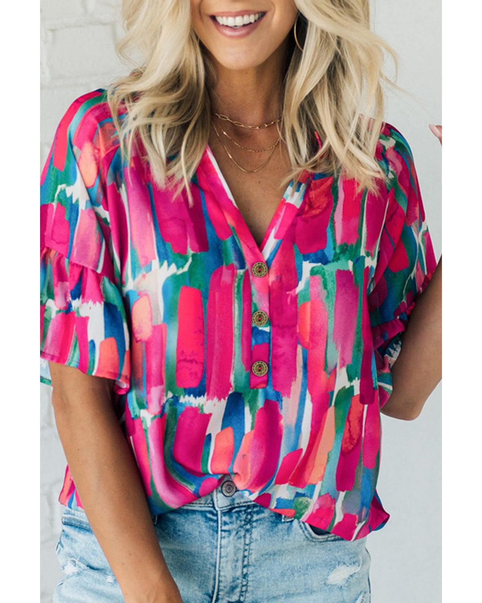 V539-AZEXDC25126206-P620-L-202508271200-00 Rose Abstract Brushwork Print Buttoned V Neck Blouse - L - Image 1