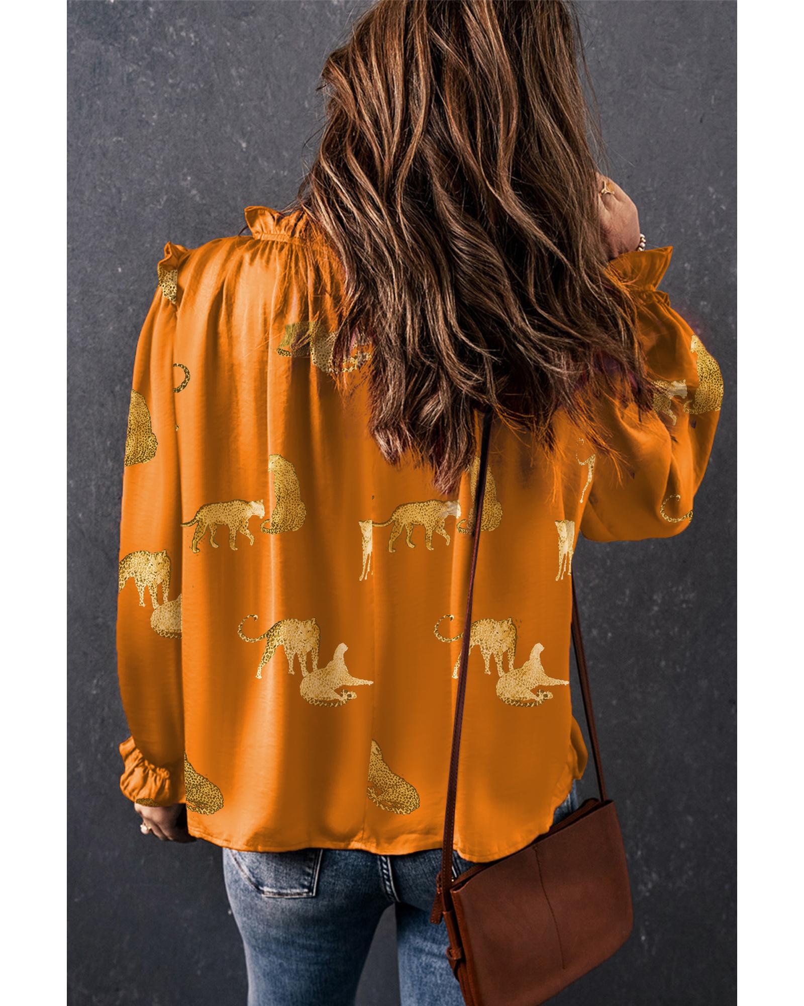V539-AZEXDC25126228-P1420-XL-202508271320-00 Orange Cheetah Printed Ruffled Sleeve Blouse - XL - Image 1