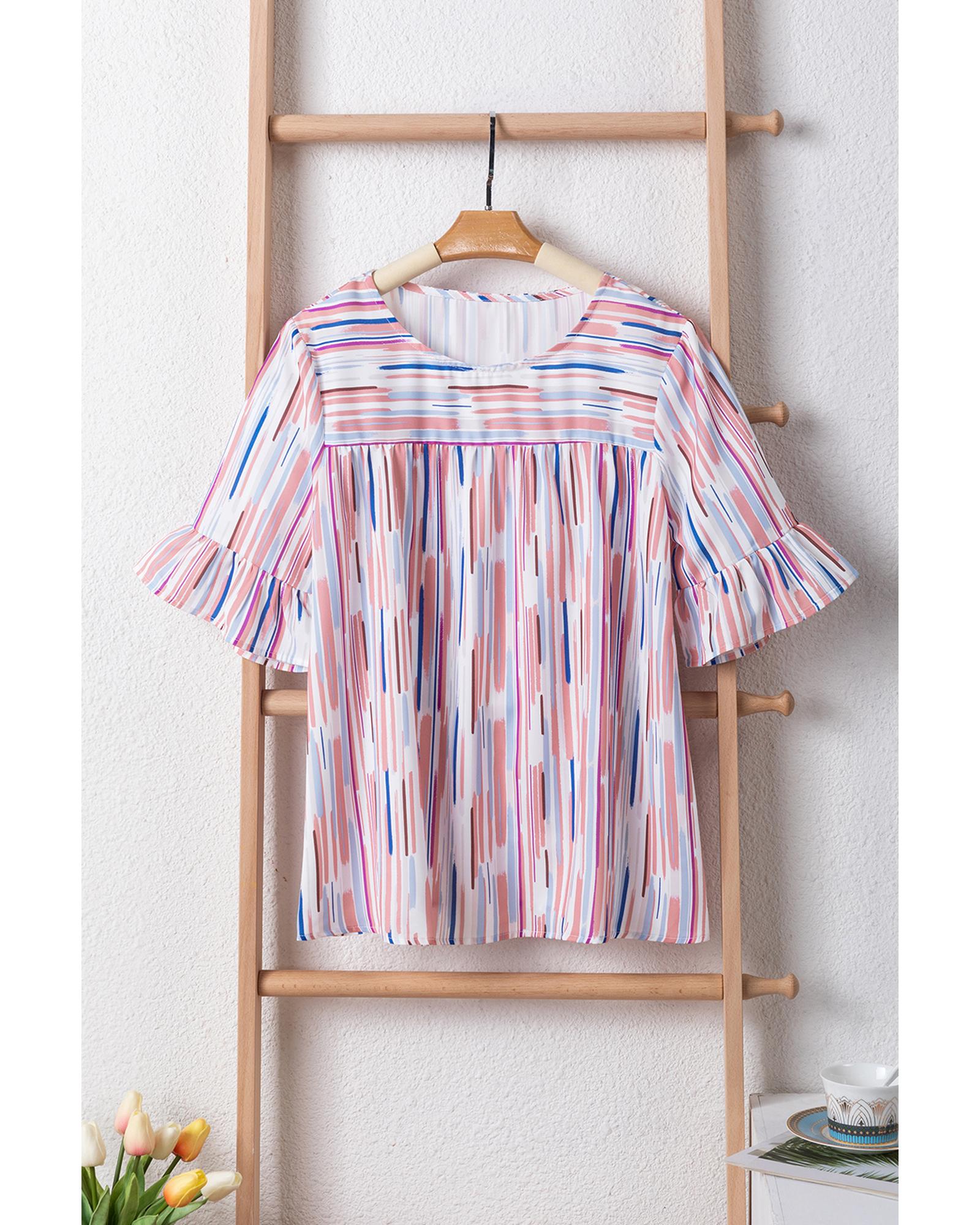 V539-AZEXDC25126535-P122-M-202508270555-00 White Multicolor Striped Splash Half Sleeve Blouse - M - Image 1