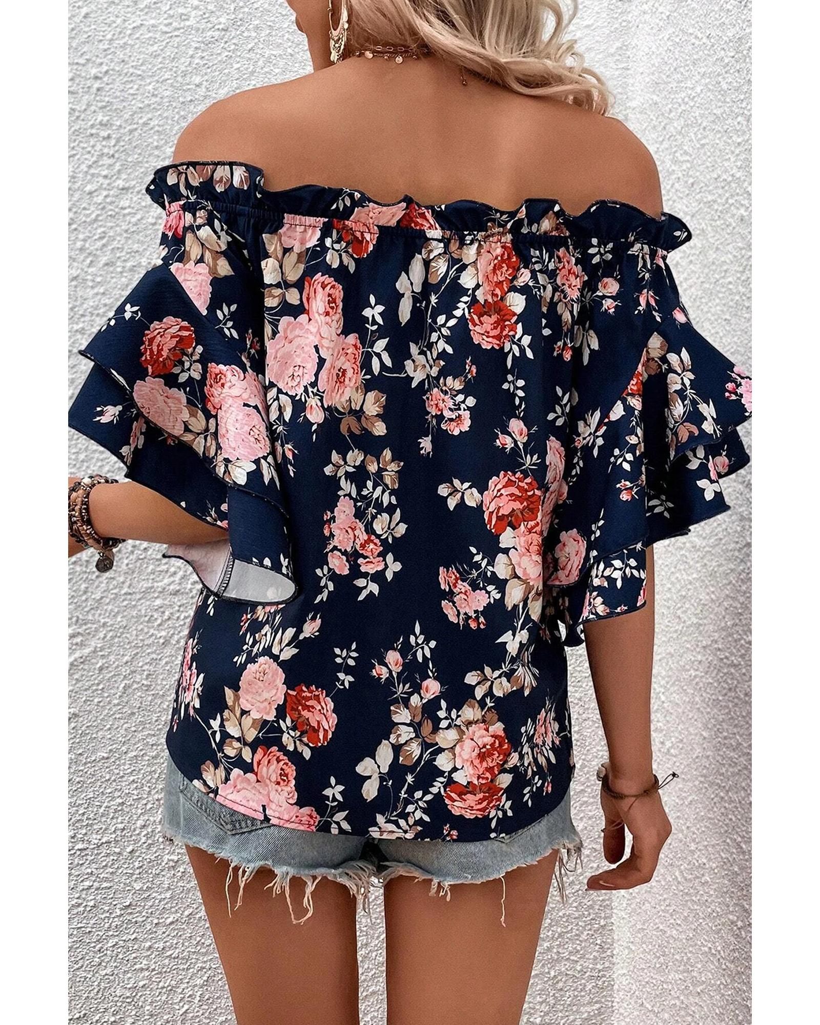 V539-AZEXDC25126699-P520-M-202508271355-00 Blue Ruffle Off Shoulder Flounce Sleeve Floral Blouse - M - Image 1