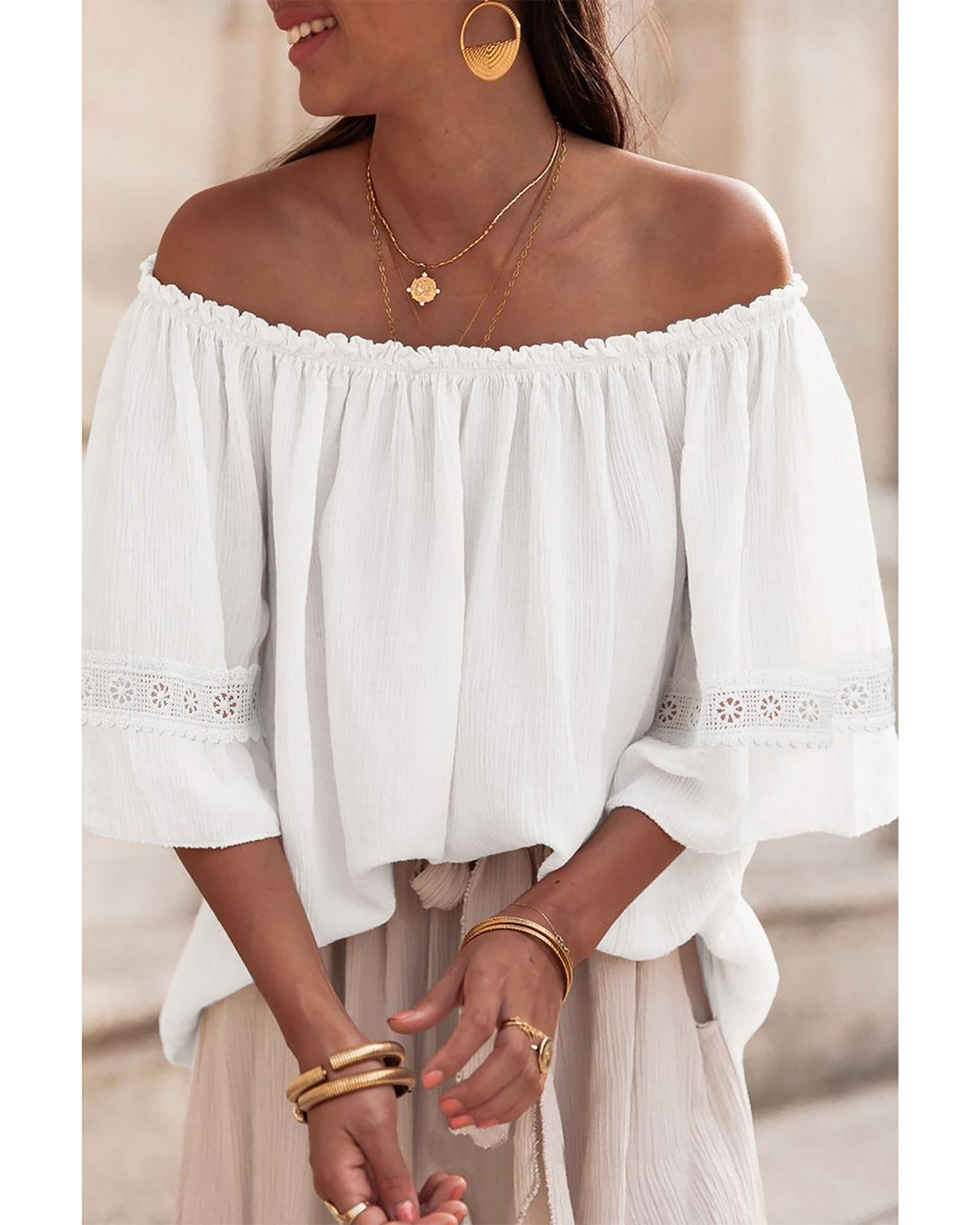 V539-AZEXDC25126873-P1-S-202506120320-00 White Frilly Off Shoulder Lace Insert Sleeve Textured Blouse - S - Image 1