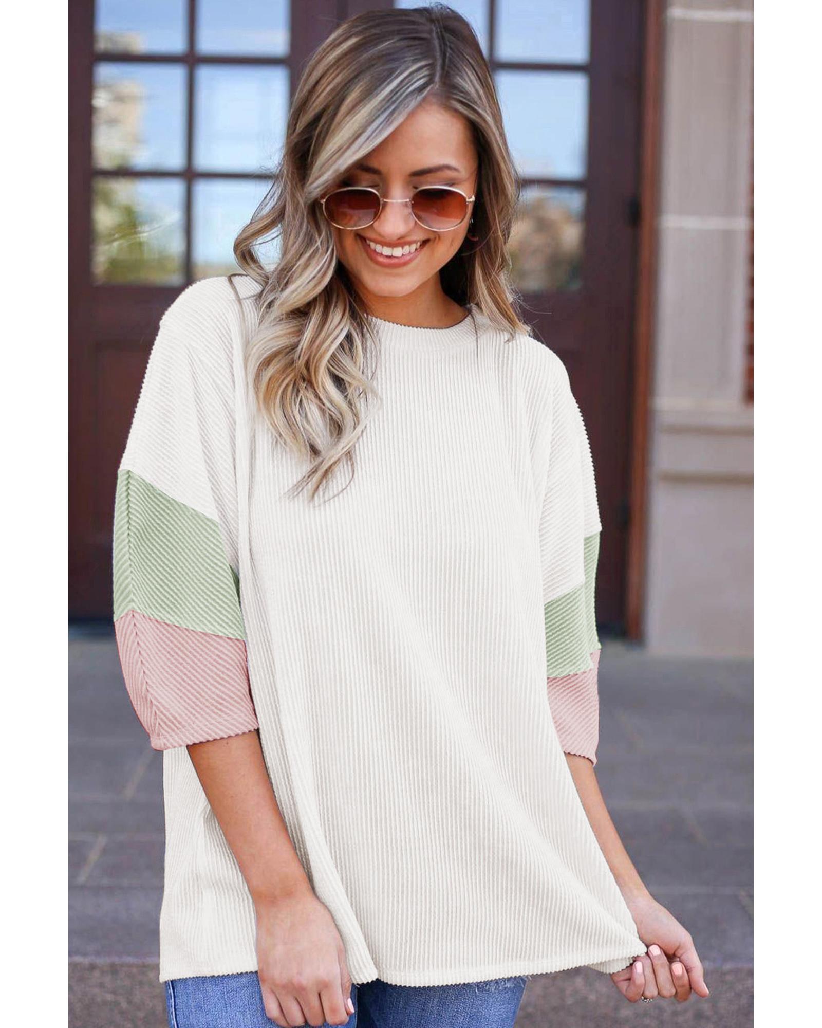 V539-AZEXDC25126903-P1-XL-202508270840-00 White Color Block Ribbed Knit Quarter Sleeve Top - XL - Image 1