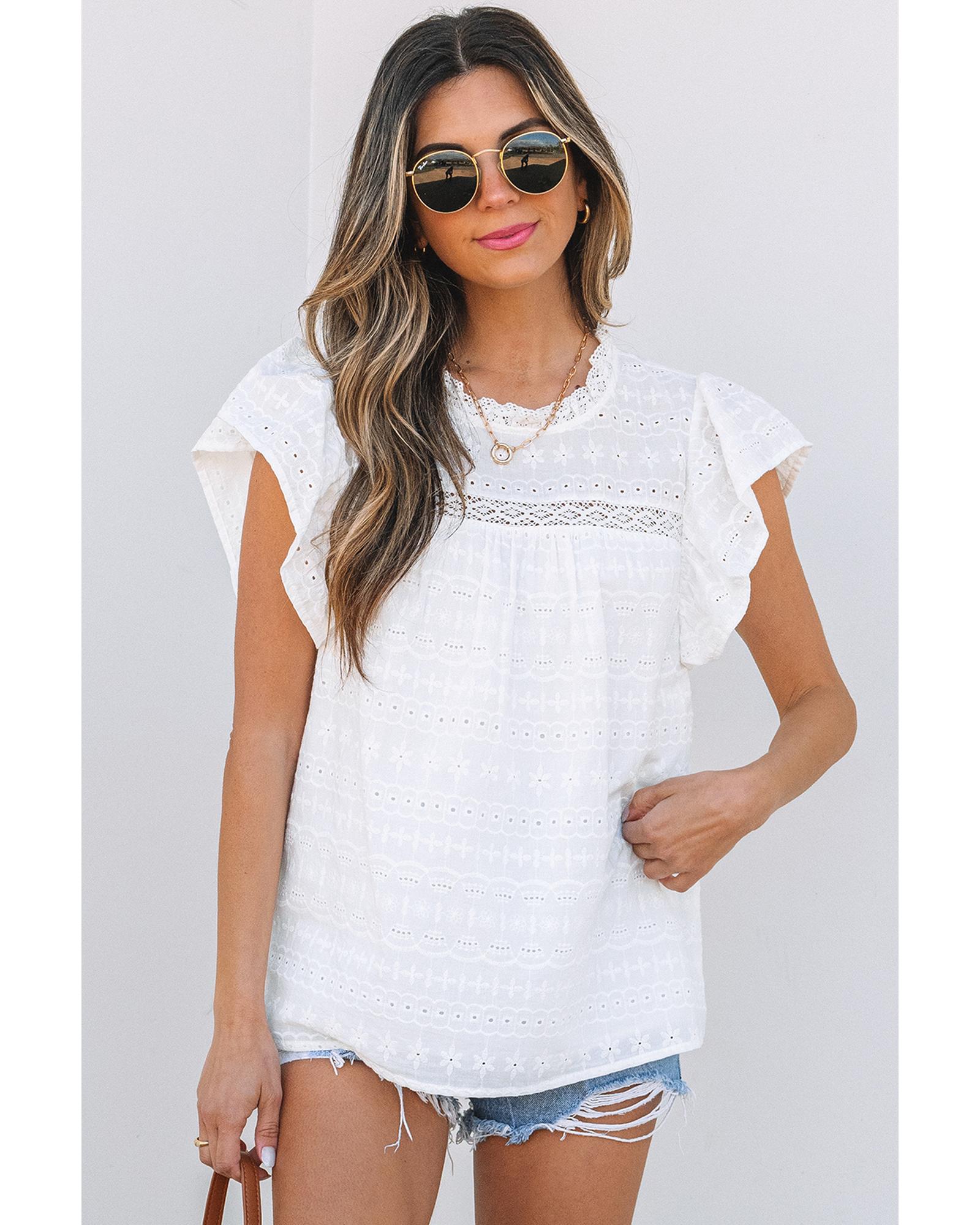 V539-AZEXDC25127165-P1-S-202506120353-00 White Lace Neckline Flutter Sleeve Eyelets Blouse - S - Image 1