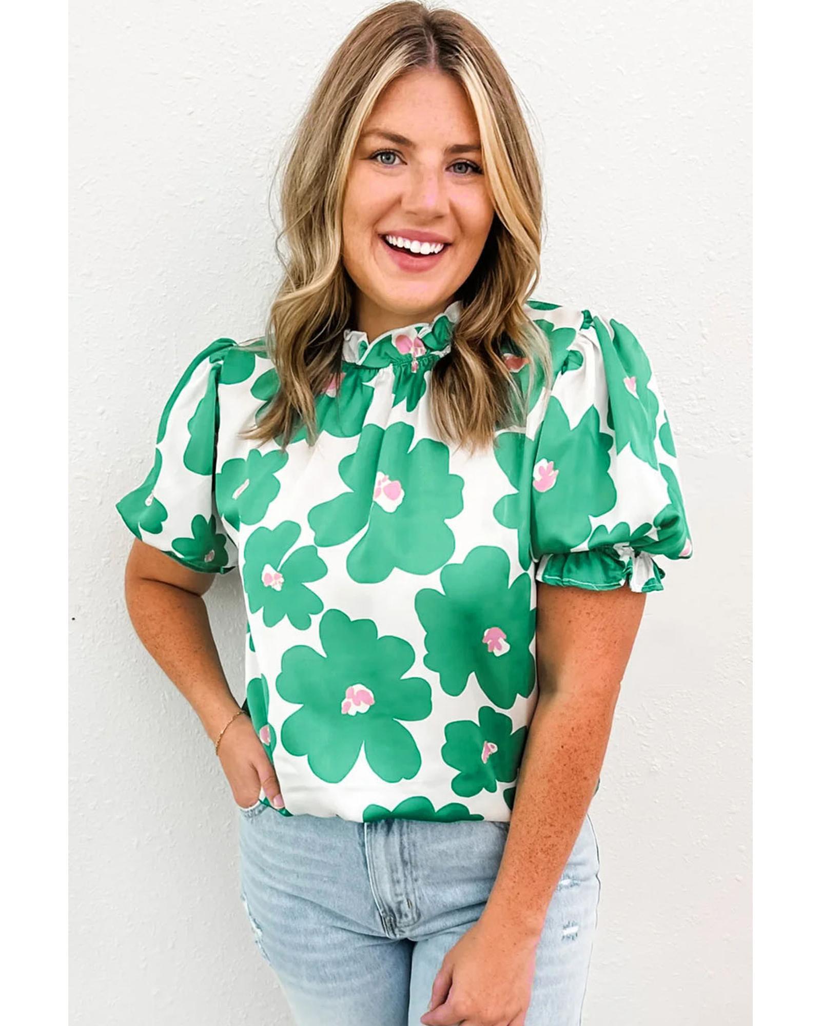 V539-AZEXDC25127364-P920-XL-202508270900-00 Green Floral Puff Sleeve Frill Neckline Blouse - XL - Image 1