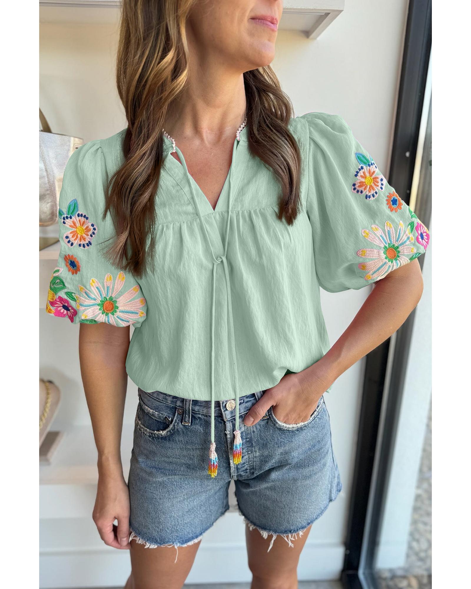 V539-AZEXDC25127411-P2709-S-202506120432-00 Clearly Aqua Floral Embroidered Puff Sleeve Split Neck Blouse - S - Image 1