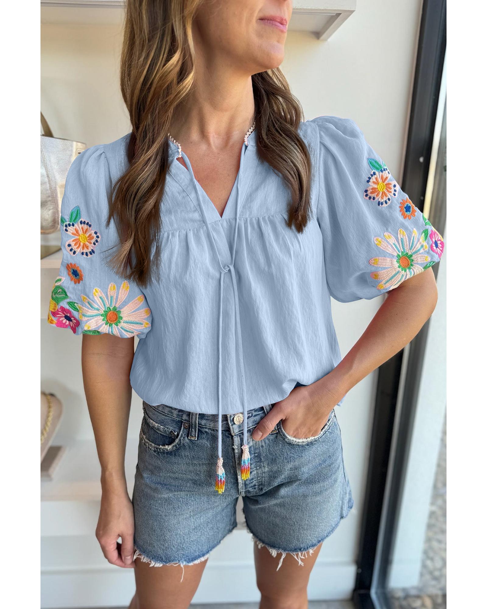 V539-AZEXDC25127411-P804-M-202508272320-00 Beau Blue Floral Embroidered Puff Sleeve Split Neck Blouse - M - Image 1
