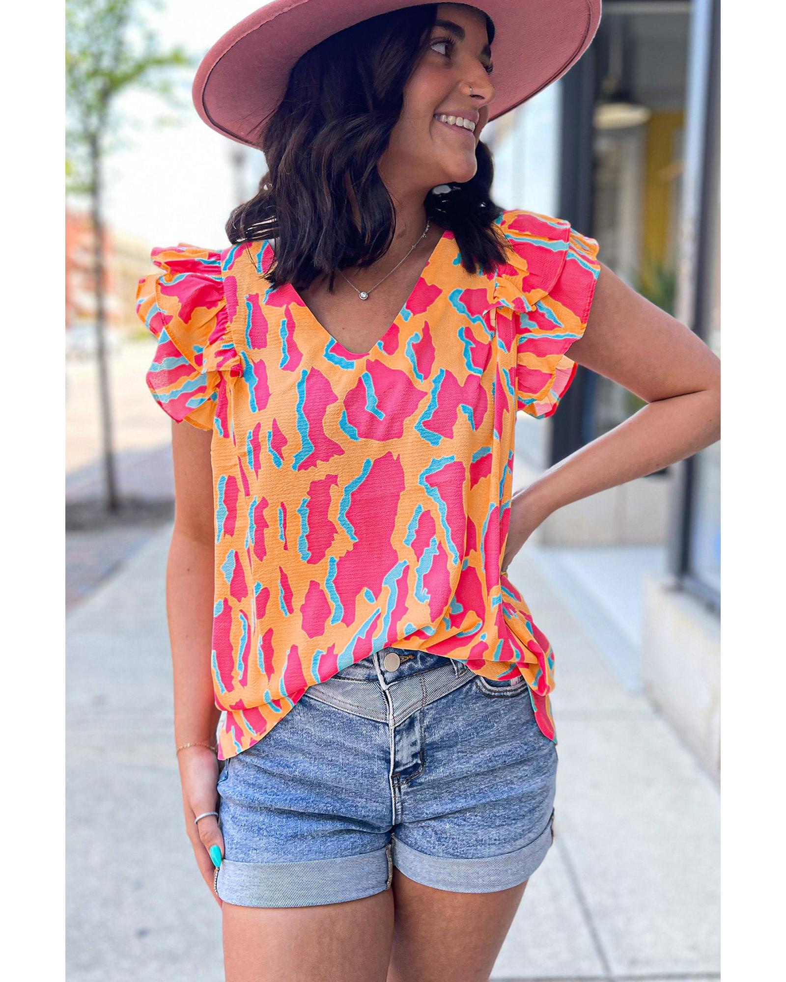 V539-AZEXDC25127600-P1420-L-202508272205-00 Orange Abstract Print V Neck Ruffled Sleeve Blouse - L - Image 1