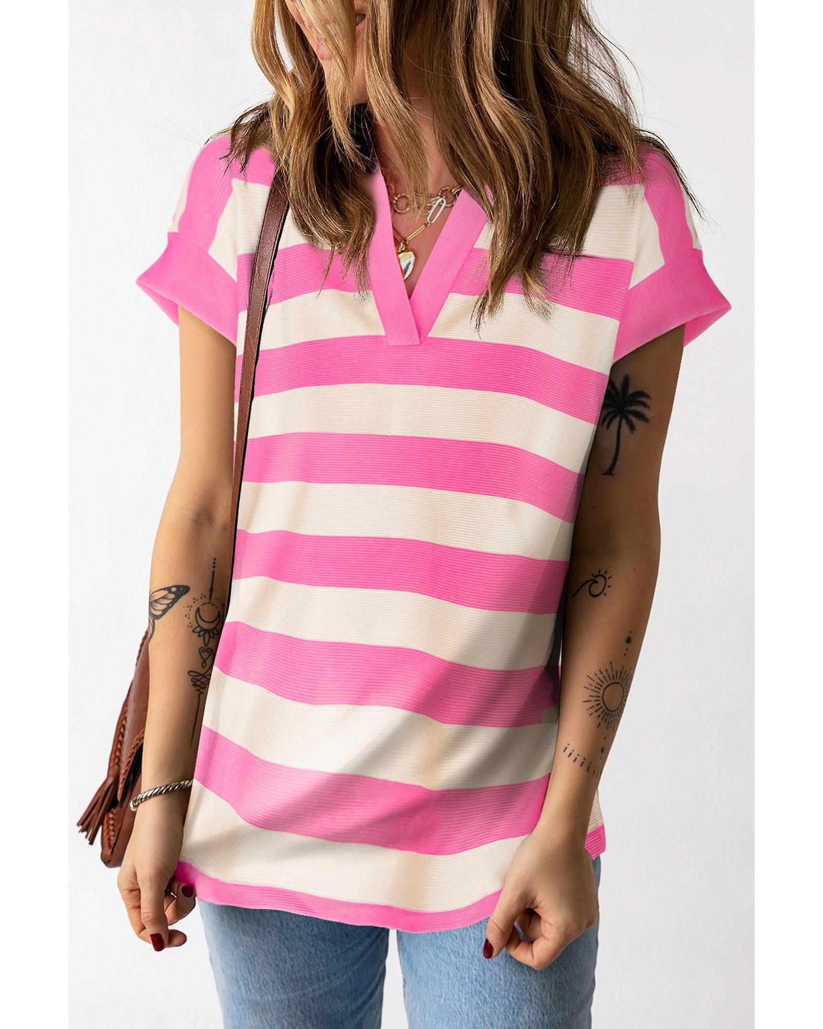 V539-AZEXDC25127660-P1019-XL-202508270620-00 Pink Stripe V Neck Collared Cap Sleeve Top - XL - Image 1