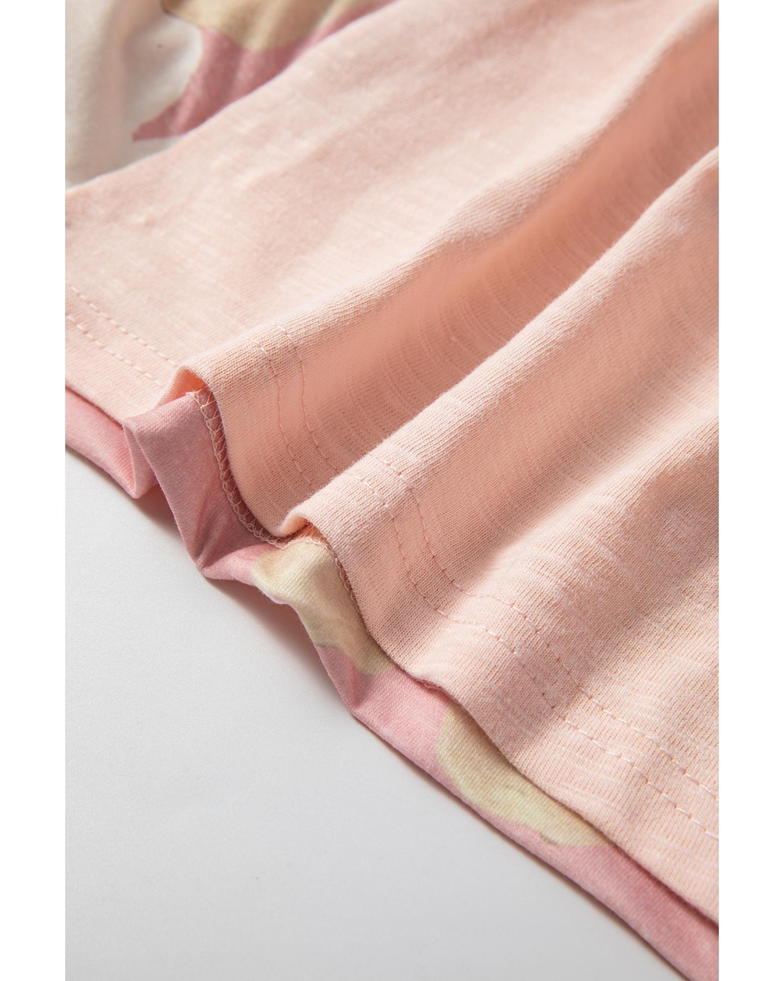 V539-AZEXDC25128140-P1022-M-202508271335-00 Pink Flower Patchwork Exposed Seam Oversized High Low Top - M - Image 1