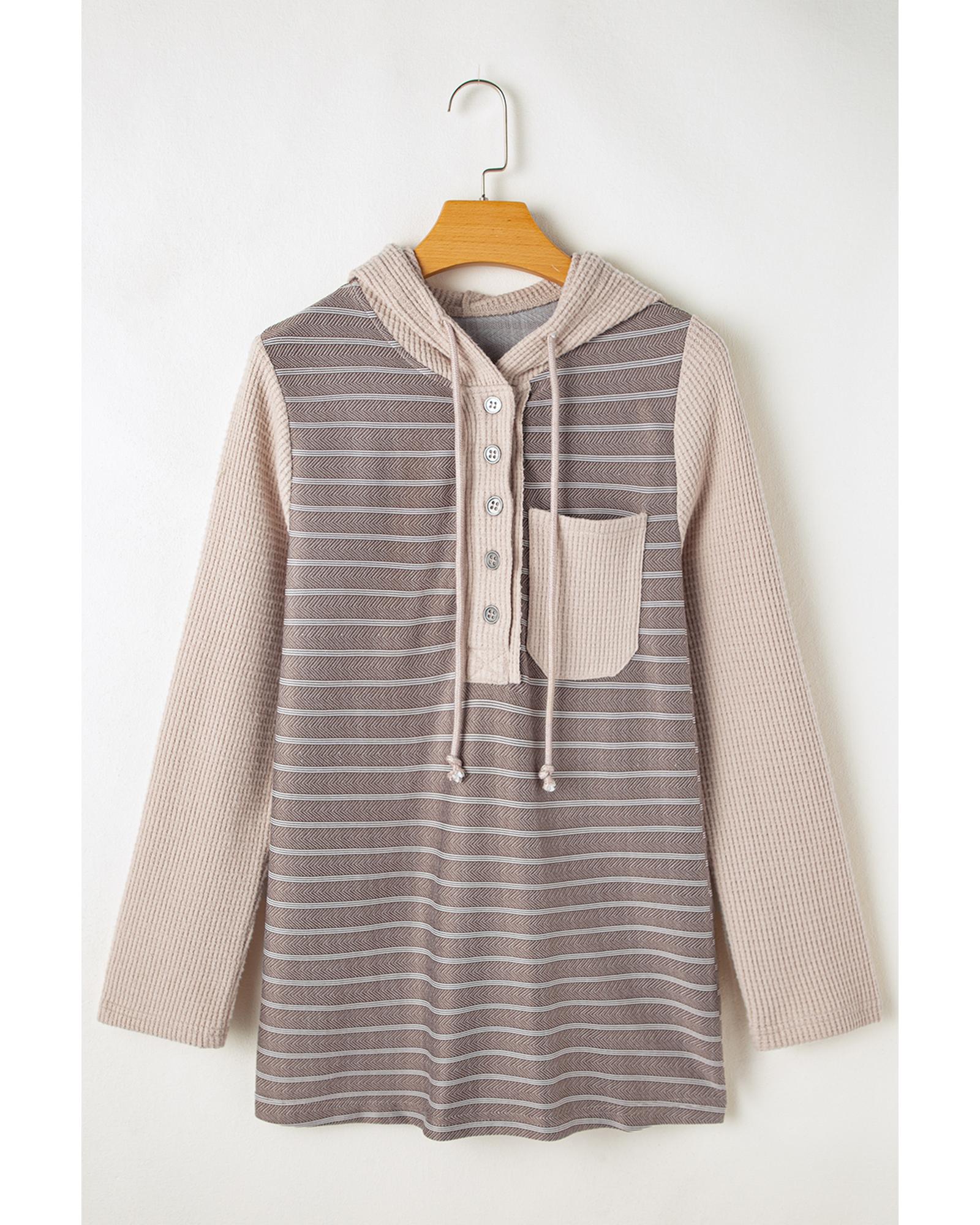 V539-AZEXDC25128191-P11-S-202506120653-00 Gray Textured Knit Colorblock Striped Henley Hooded Top - S - Image 1