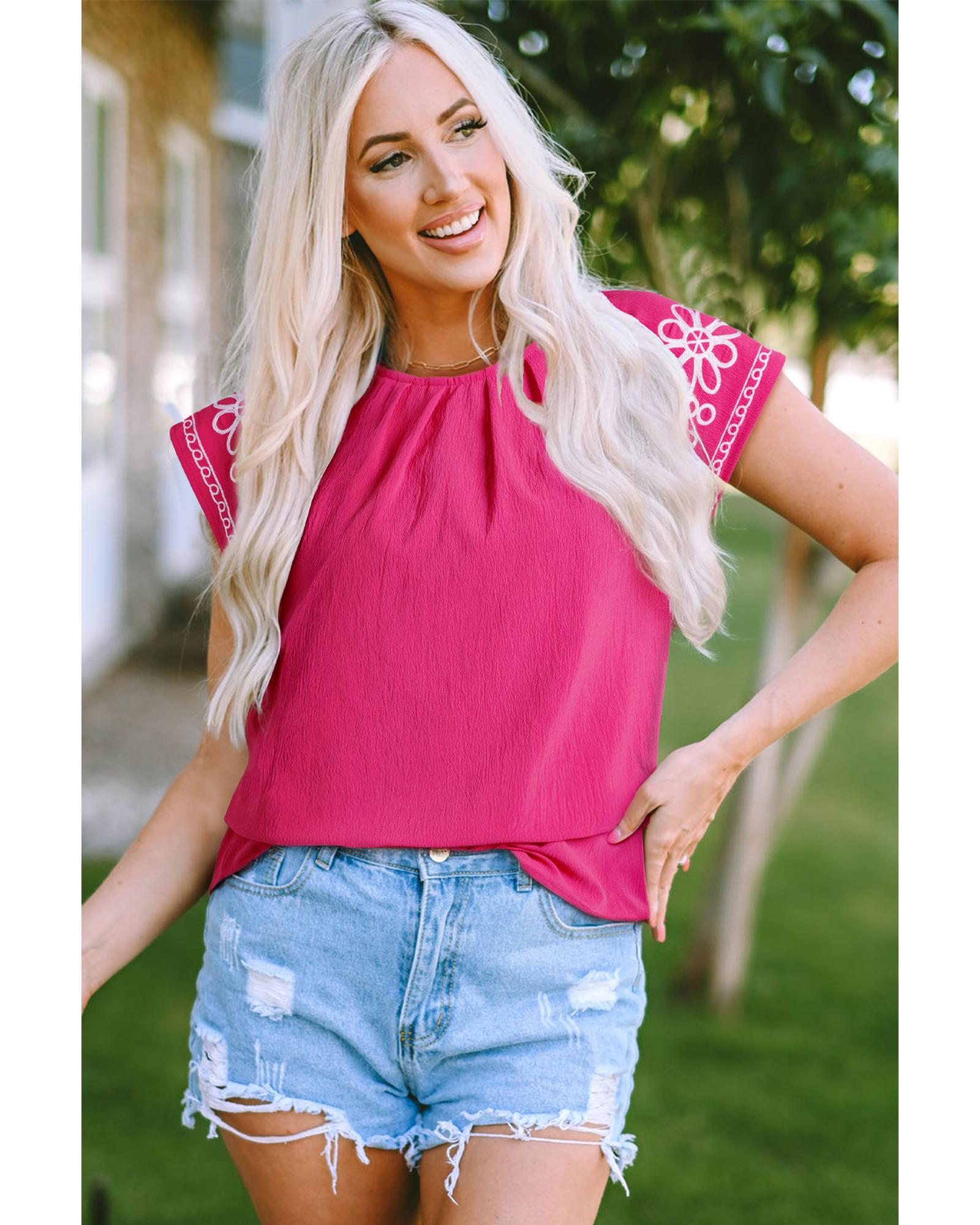 V539-AZEXDC25128223-P406-S-202506120706-00 Sachet Pink Floral Embroidered Flutter Sleeve Pleated Neck Blouse - S - Image 1