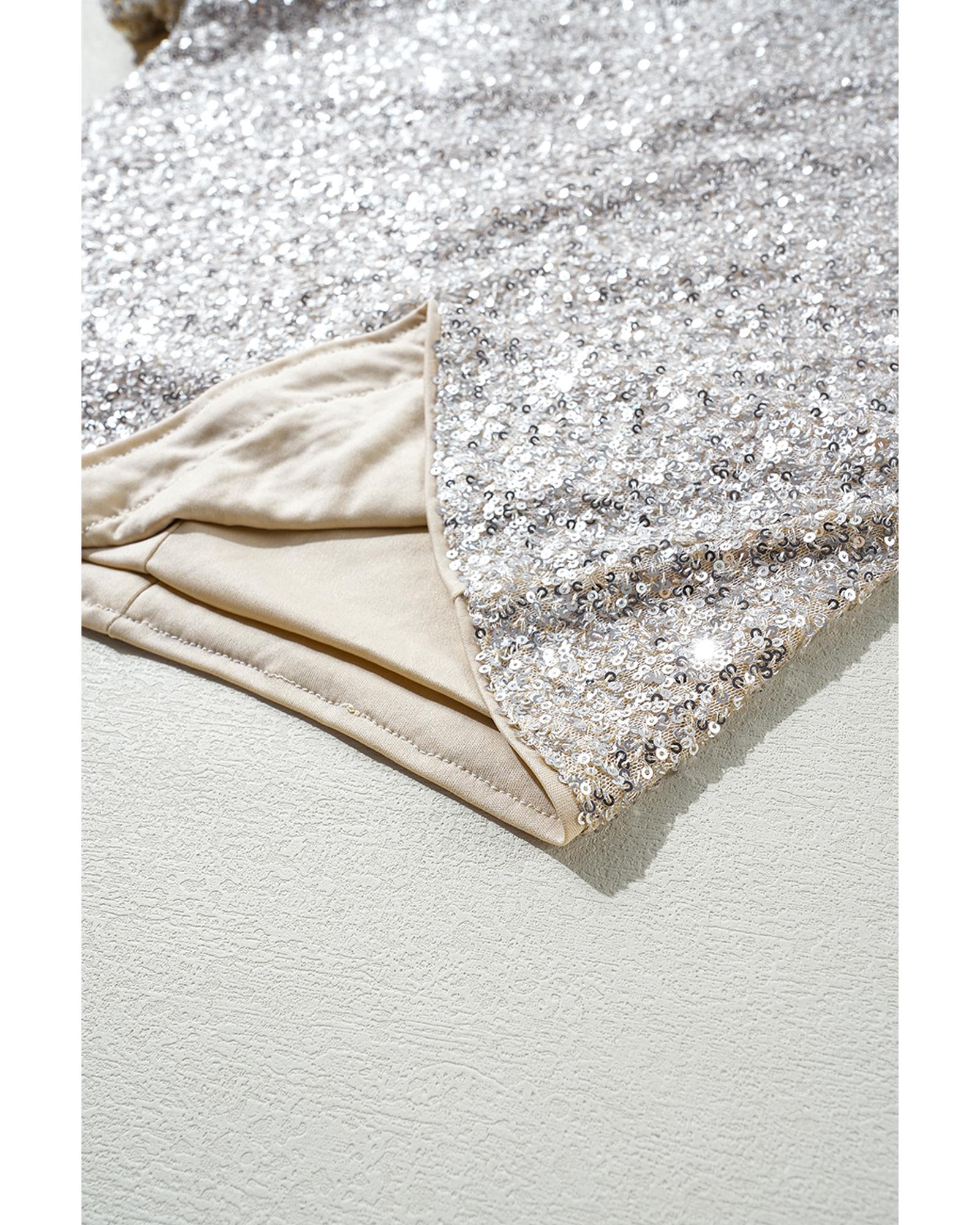 V539-AZEXDC25128260-P13-M-202508271205-00 Silvery Sequin Puff Sleeve Cutout Back Blouse - M - Image 1