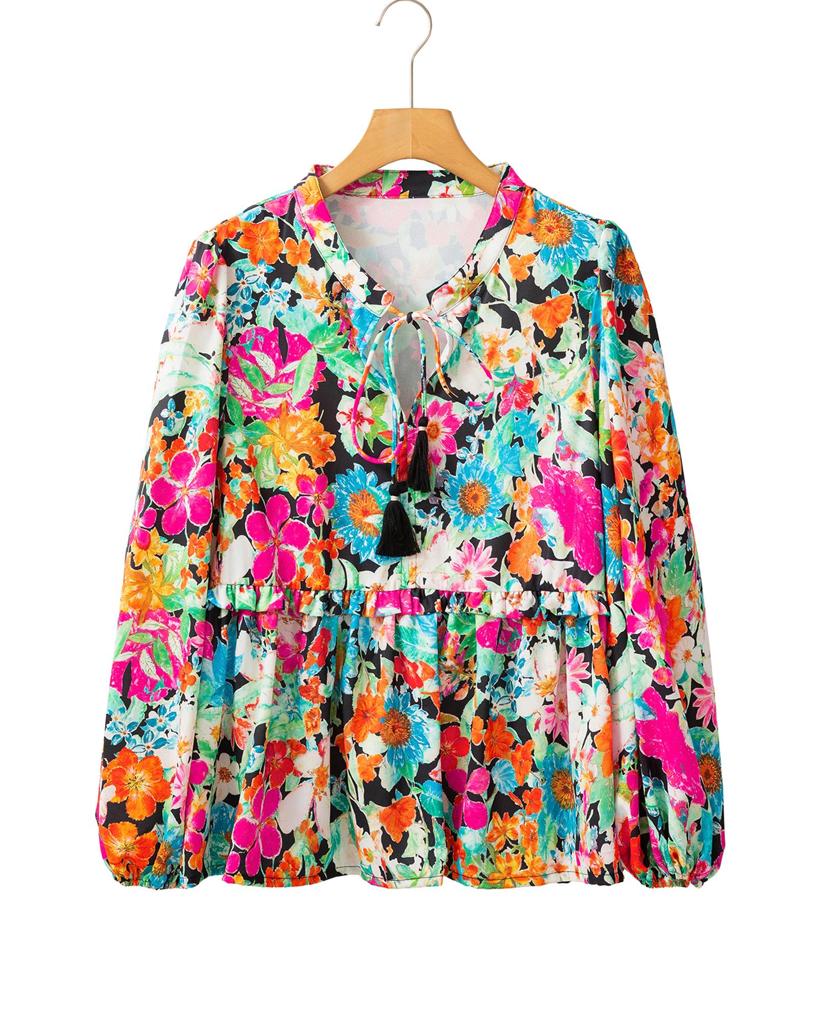 V539-AZEXDC25128283-P22-M-202508271115-00 Multicolour Floral Print Bubble Sleeve V Neck Ruffled Blouse - M - Image 1