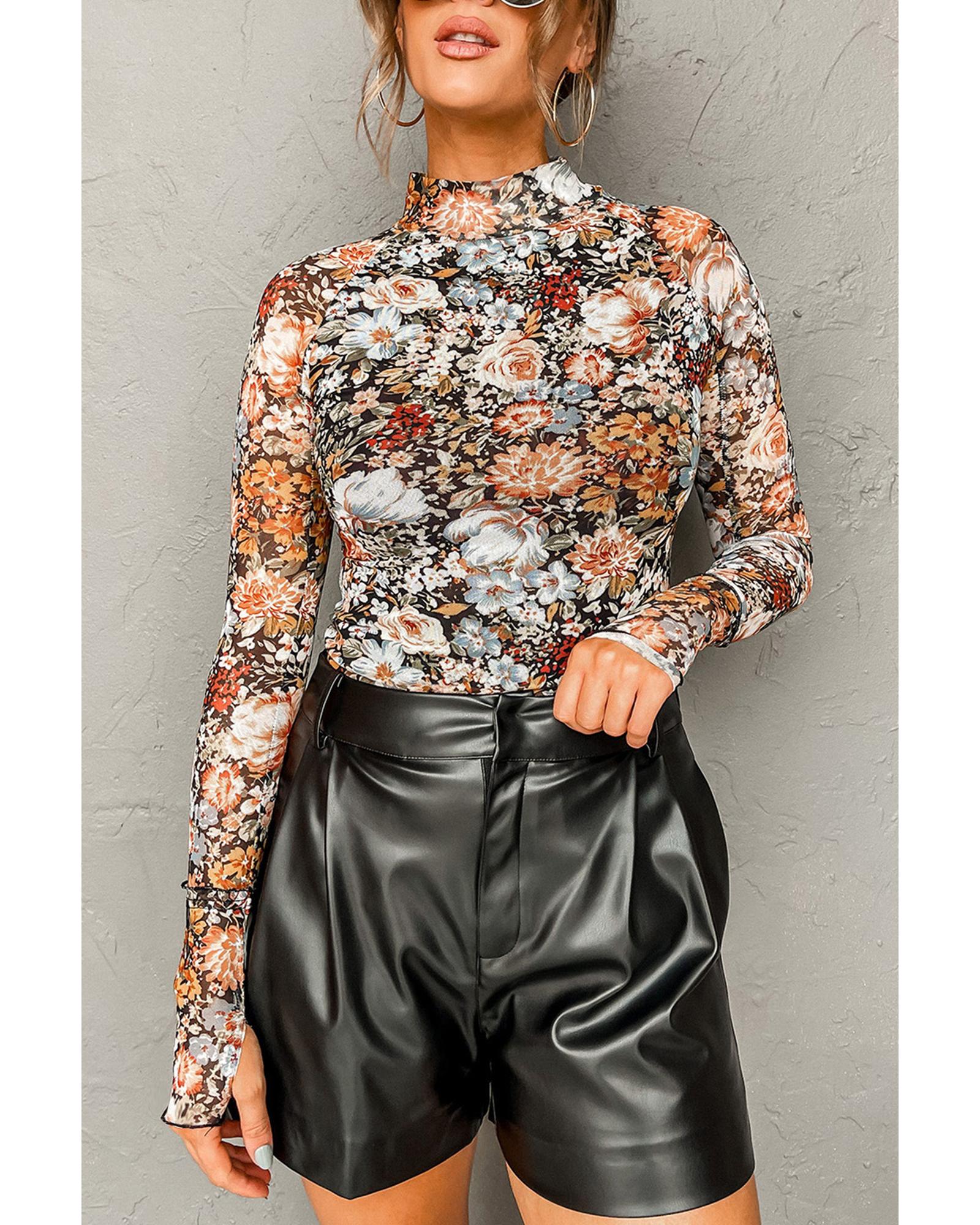 V539-AZEXDC25128308-P1720-M-202508270650-00 Brown Floral Long Sleeve High Neck Sheath Mesh Blouse - M - Image 1