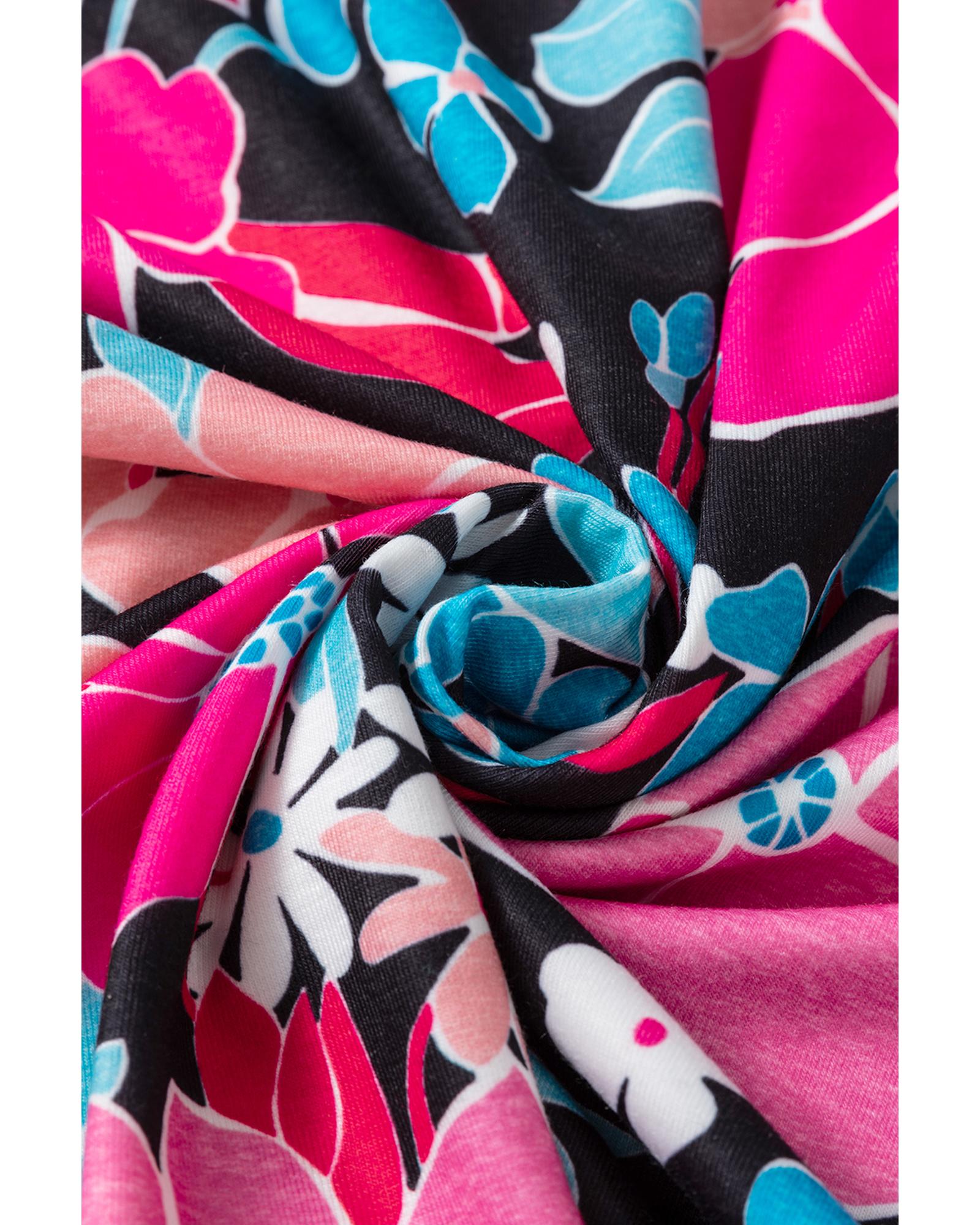 V539-AZEXDC25128328-P1020-S-202506120812-00 Pink Floral V Neck Roll Tab Sleeve Blouse - S - Image 1