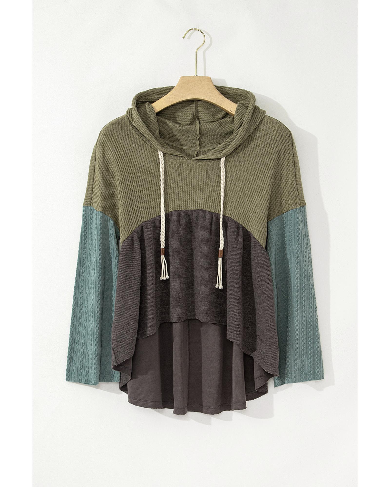 V539-AZEXDC25128418-P1209-S-202506120232-00 Laurel Green Mixed Textured Colorblock Patchwork Wide Sleeve Frayed High Low Hooded Top - S - Image 1