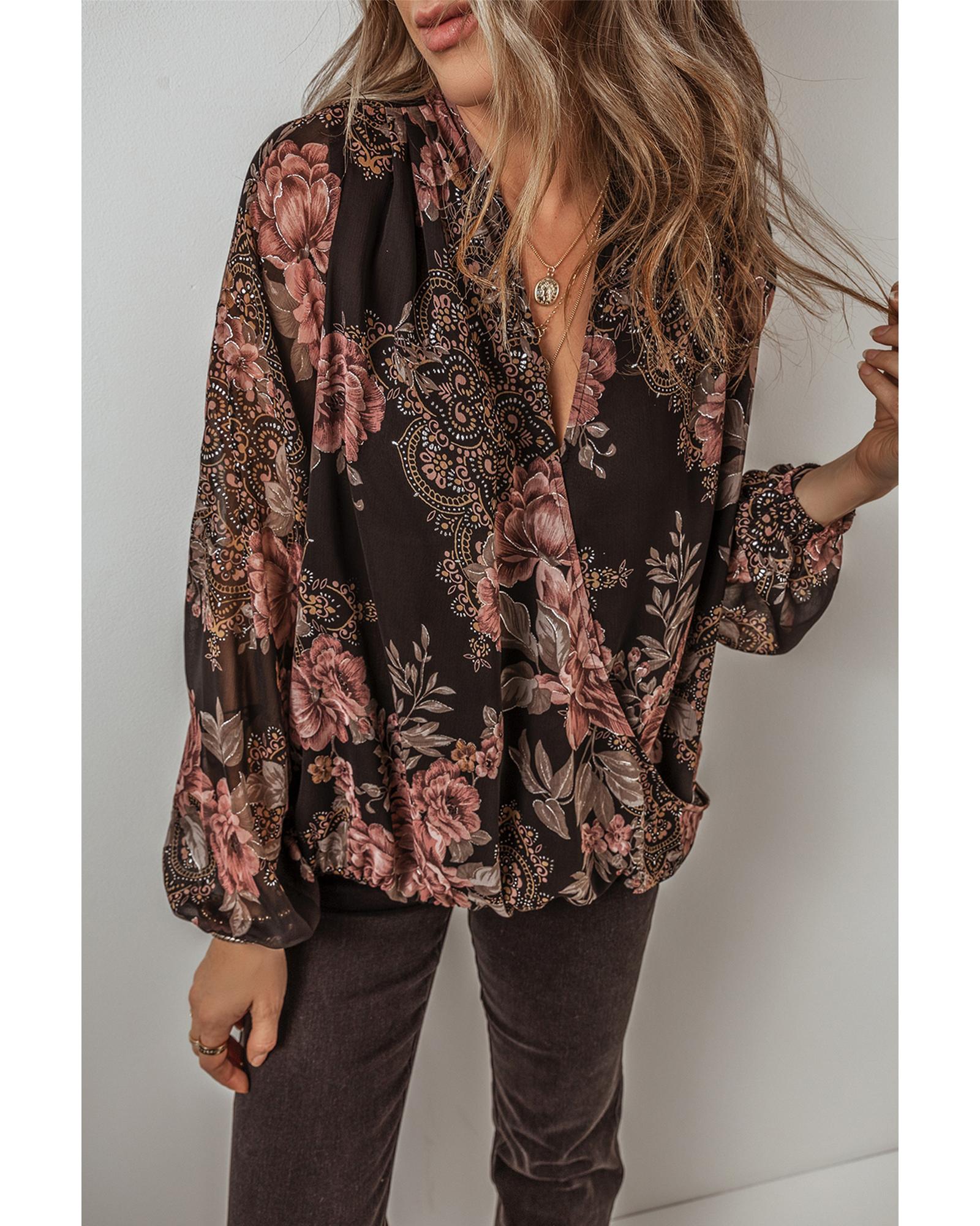 V539-AZEXDC25128458-P220-XL-202508270850-00 Black Floral Print Criss Cross V Neck Balloon Sleeve Blouse - XL - Image 1