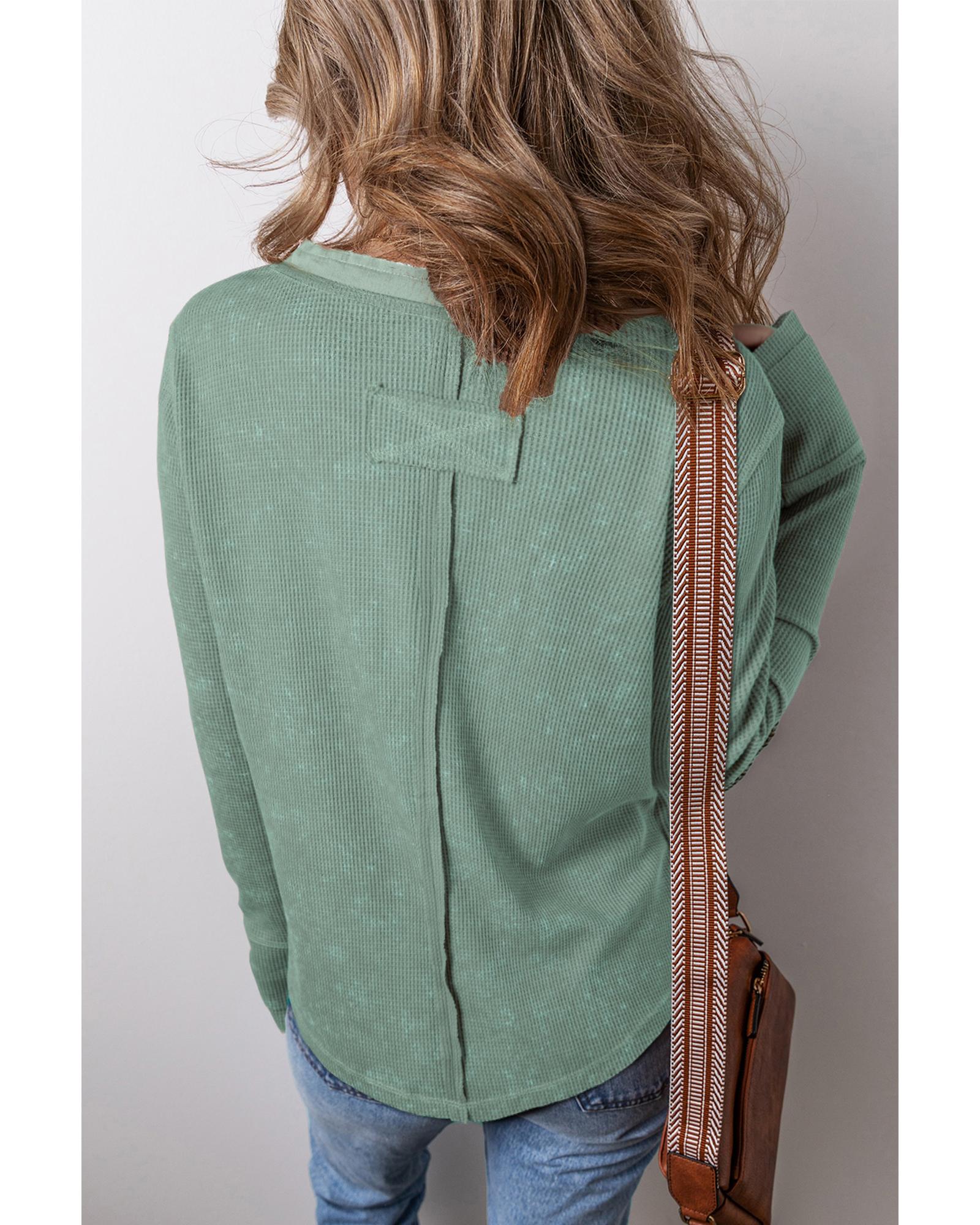 V539-AZEXDC25128480-P2809-XL-202508270810-00 Smoke Green Acid Wash Waffle Knit Buttoned Neckline Long Sleeve Top - XL - Image 1