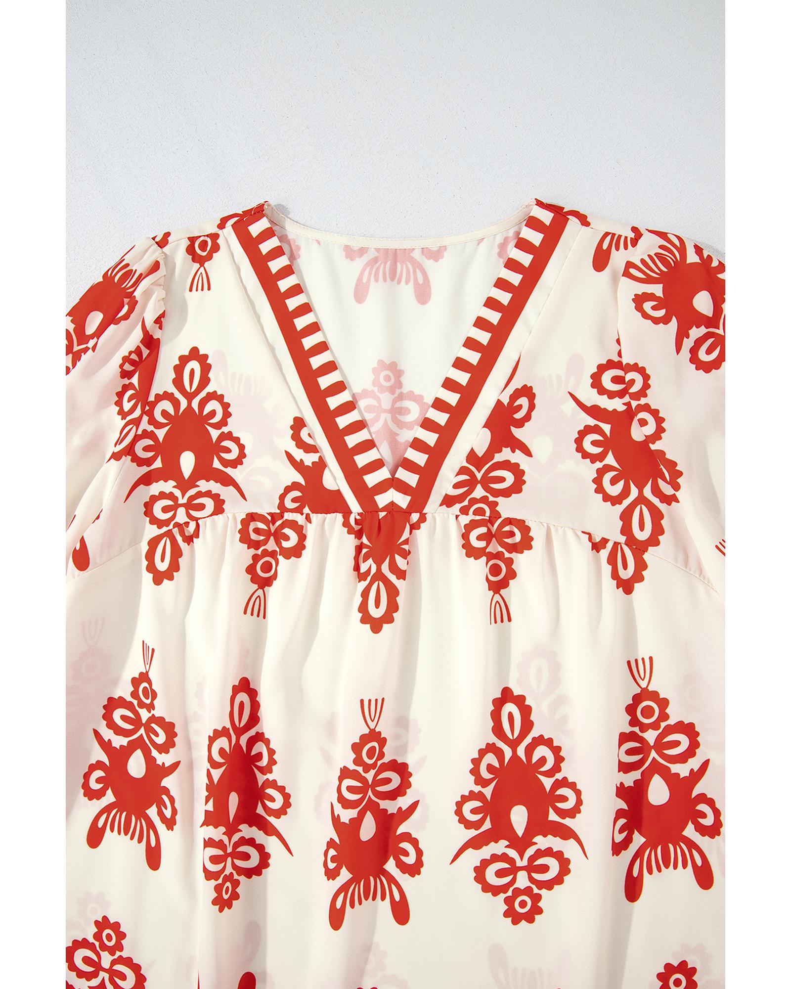 V539-AZEXDC25128564-P1420-S-202506120337-00 Orange Vintage Geometric Printed 3/4 Sleeve V Neck Blouse - S - Image 1