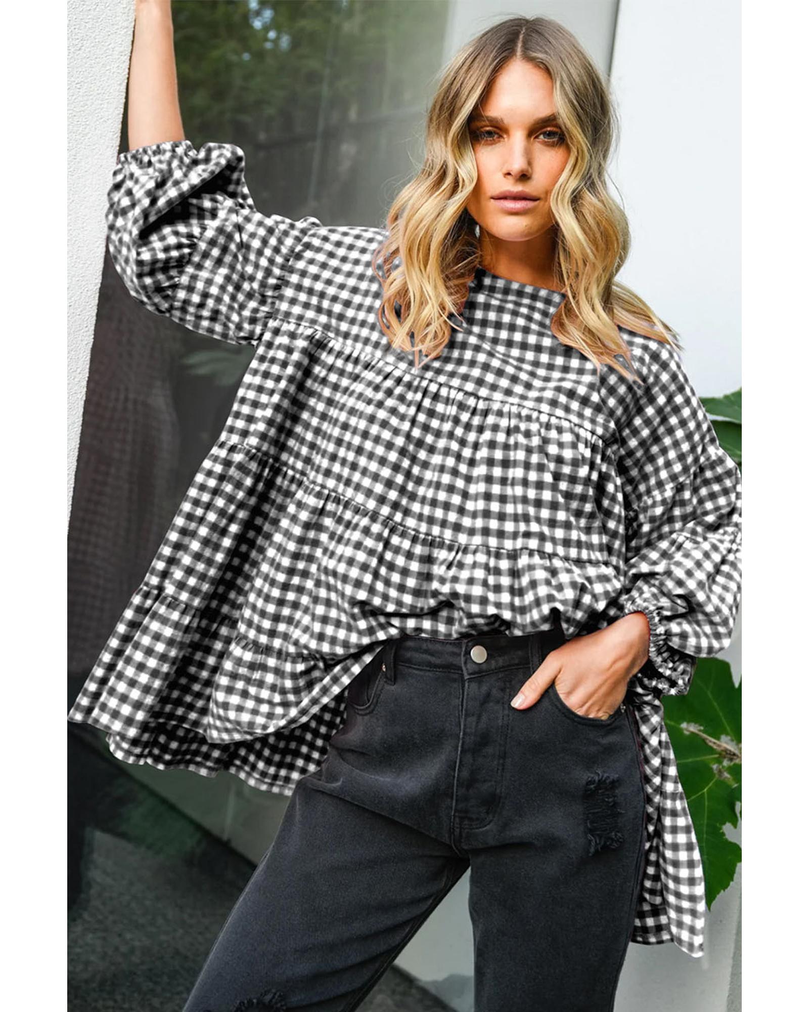 V539-AZEXDC25128592-P2-M-202508270255-00 Black Checkered Puff Sleeve Tiered Loose Babydoll Blouse - M - Image 1