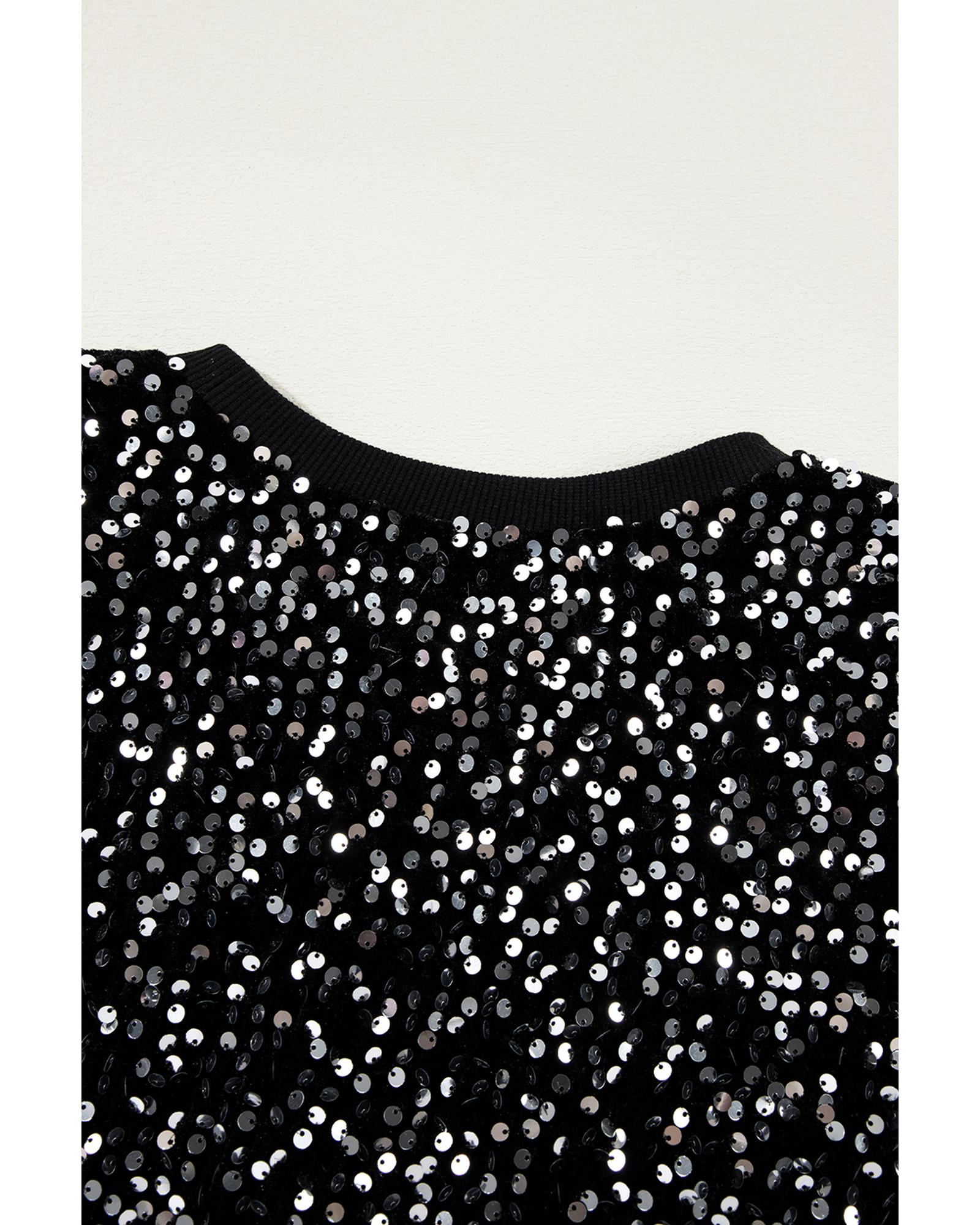 V539-AZEXDC25128657-P2-M-202508270425-00 Black Sequined Long Sleeve Crew Neck Cropped Blouse - M - Image 1