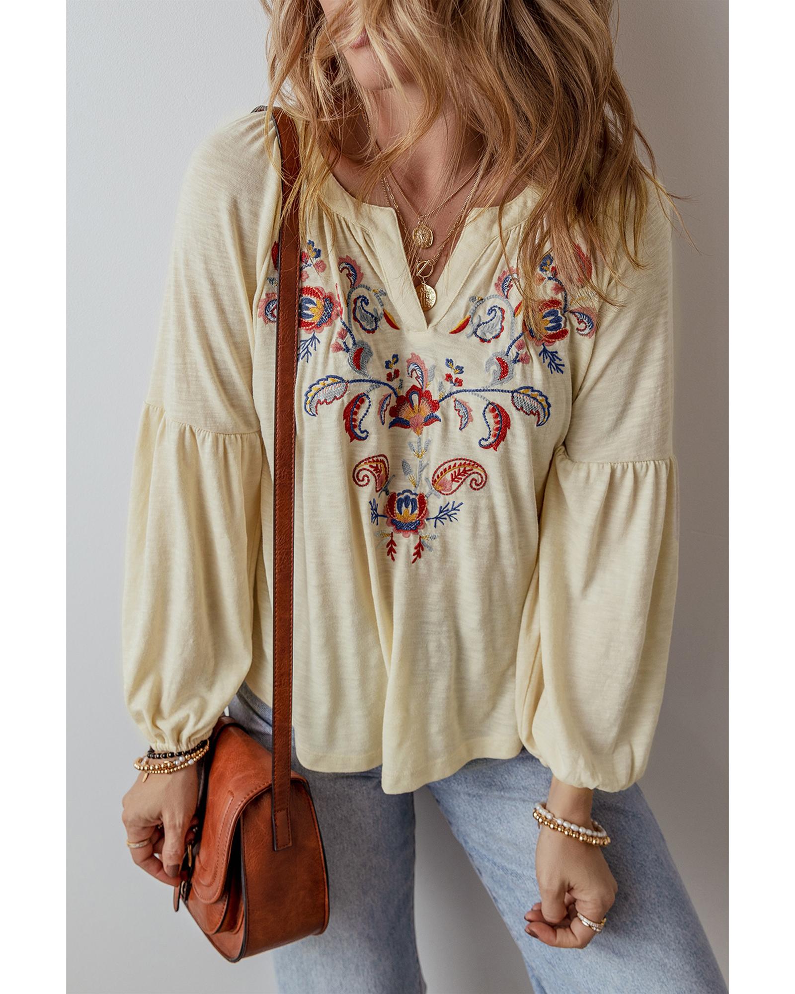V539-AZEXDC25128677-P1822-L-202508272325-00 Apricot Paisley Floral Embroidered Notch V Neck Blouse - L - Image 1