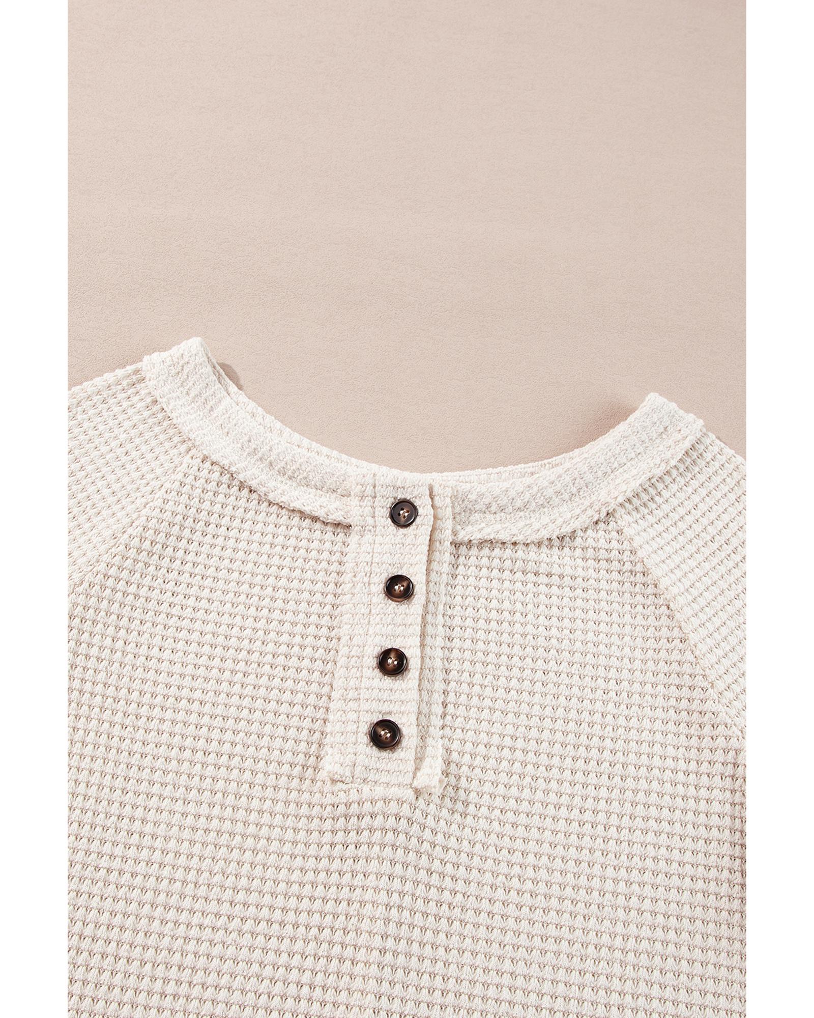 V539-AZEXDC25128682-P1015-M-202508270720-00 Oatmeal Waffle Knit Buttoned Front Raglan Sleeve Loose Blouse - M - Image 1