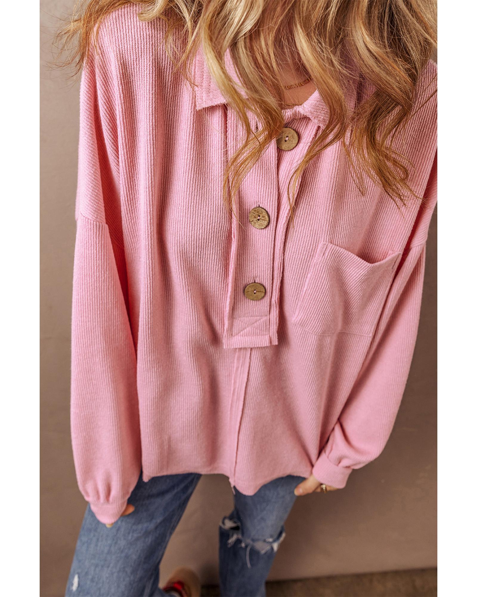 V539-AZEXDC25128683-P10-L-202506120446-00 Pink Ribbed Knit Collared Henley Top with Chest Pocket - L - Image 1