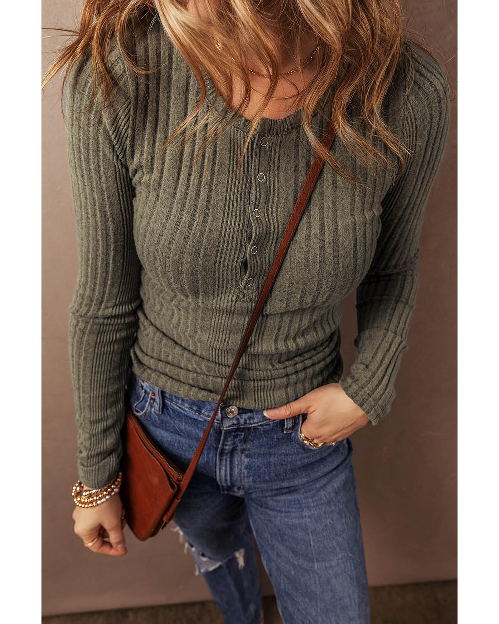 V539-AZEXDC25128684-P609-M-202508271735-00 Jungle Green Ribbed Knit Half Button Slim Fit Blouse - M - Image 1