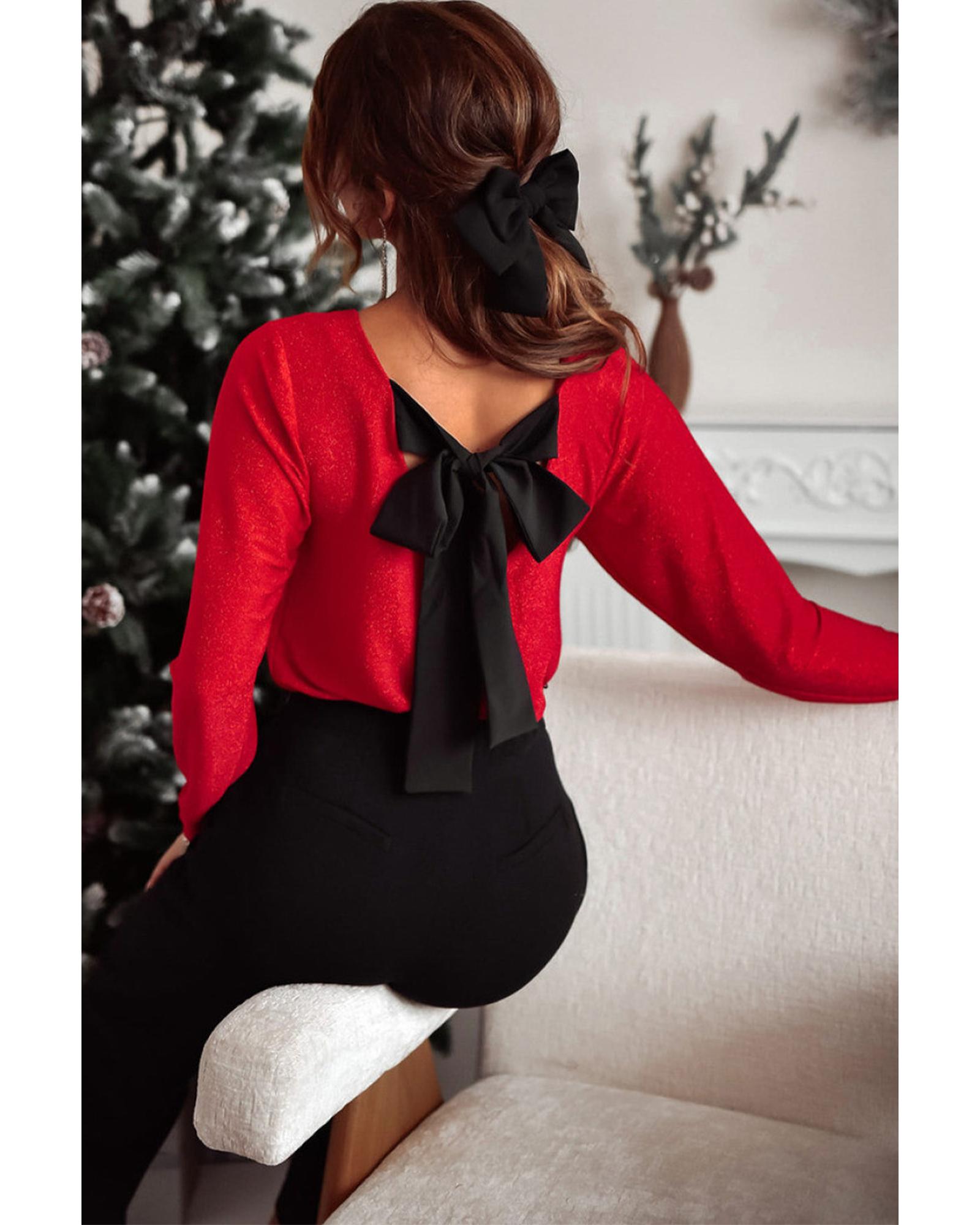 V539-AZEXDC25128775-P603-S-202506120625-00 Racing Red Metallic Bowknot Open Back V Neck Top - S - Image 1