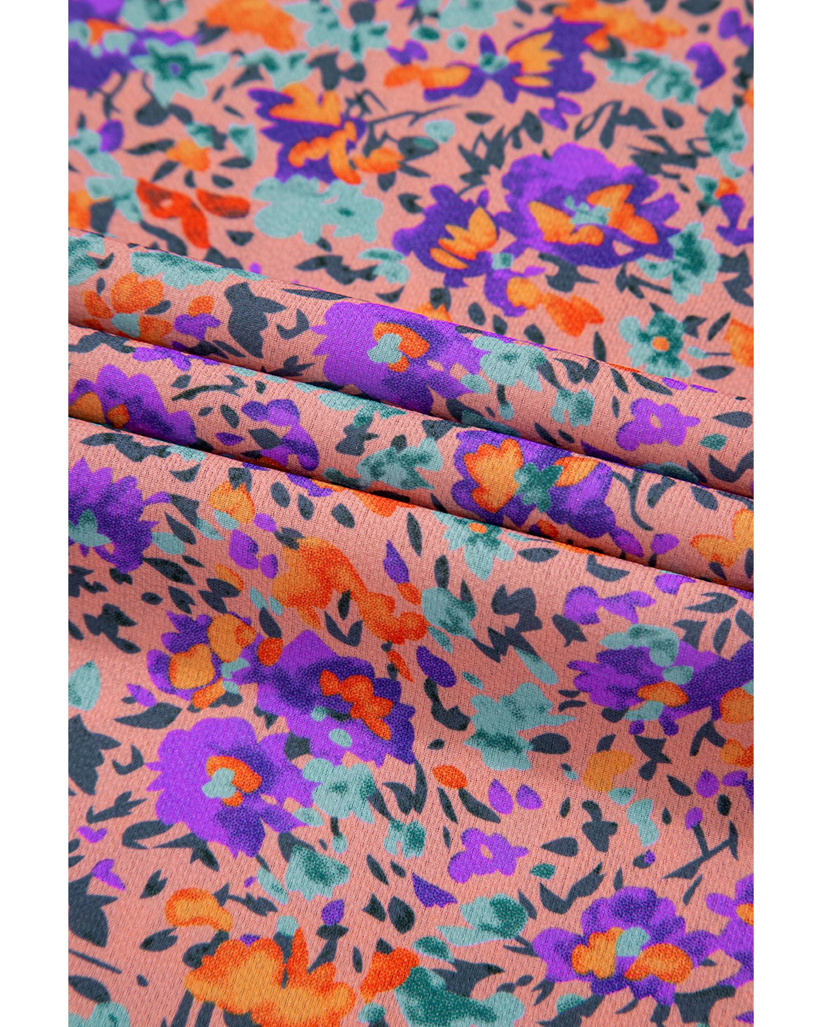 V539-AZEXDC25128820-P820-XL-202508270555-00 Purple Floral Allover Print Shirred Cuff Frilled O Neck Blouse - XL - Image 1