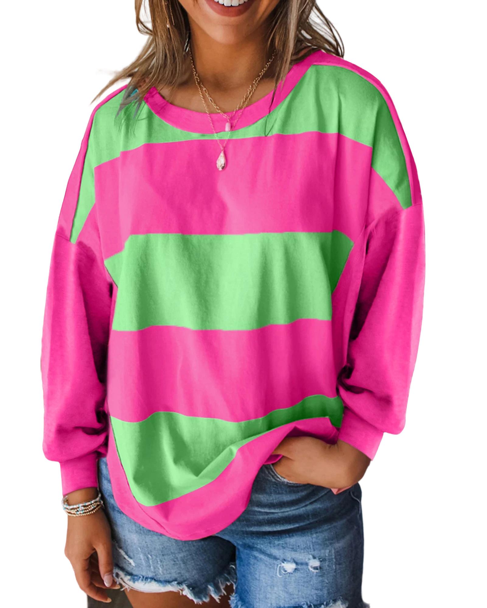 V539-AZEXDC25128832-P809-S-202506120736-00 Light Green Colorblock Striped Drop Shoulder Loose Top - S - Image 1