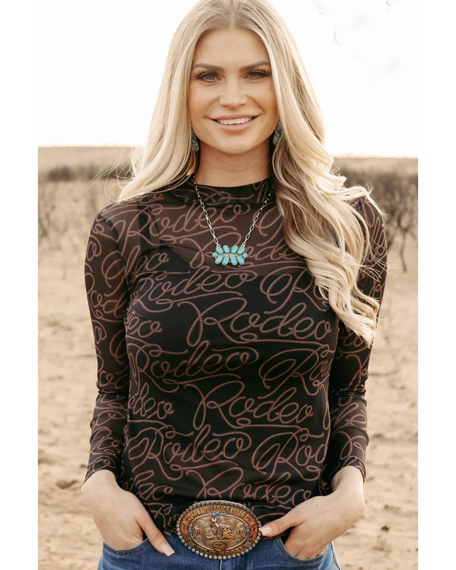 V539-AZEXDC25128842-P220-L-202508270950-00 Black Western Rodeo Printed Mock Neck Long Sleeve Mesh Top - L - Image 1