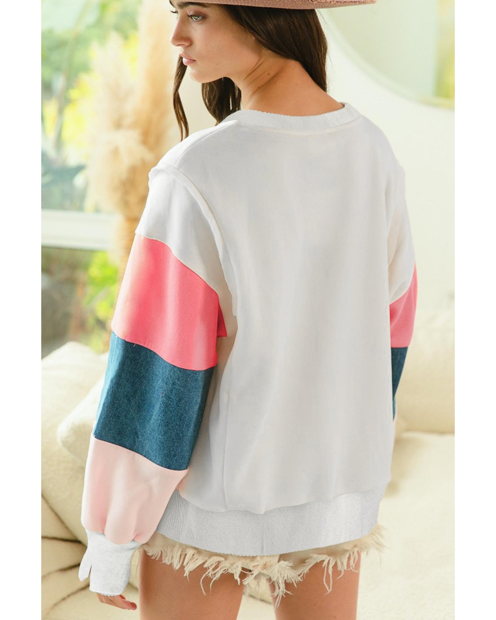 V539-AZEXDC25128947-P101-M-202508271125-00 White French Terry Color Block Long Sleeve Top - M - Image 1