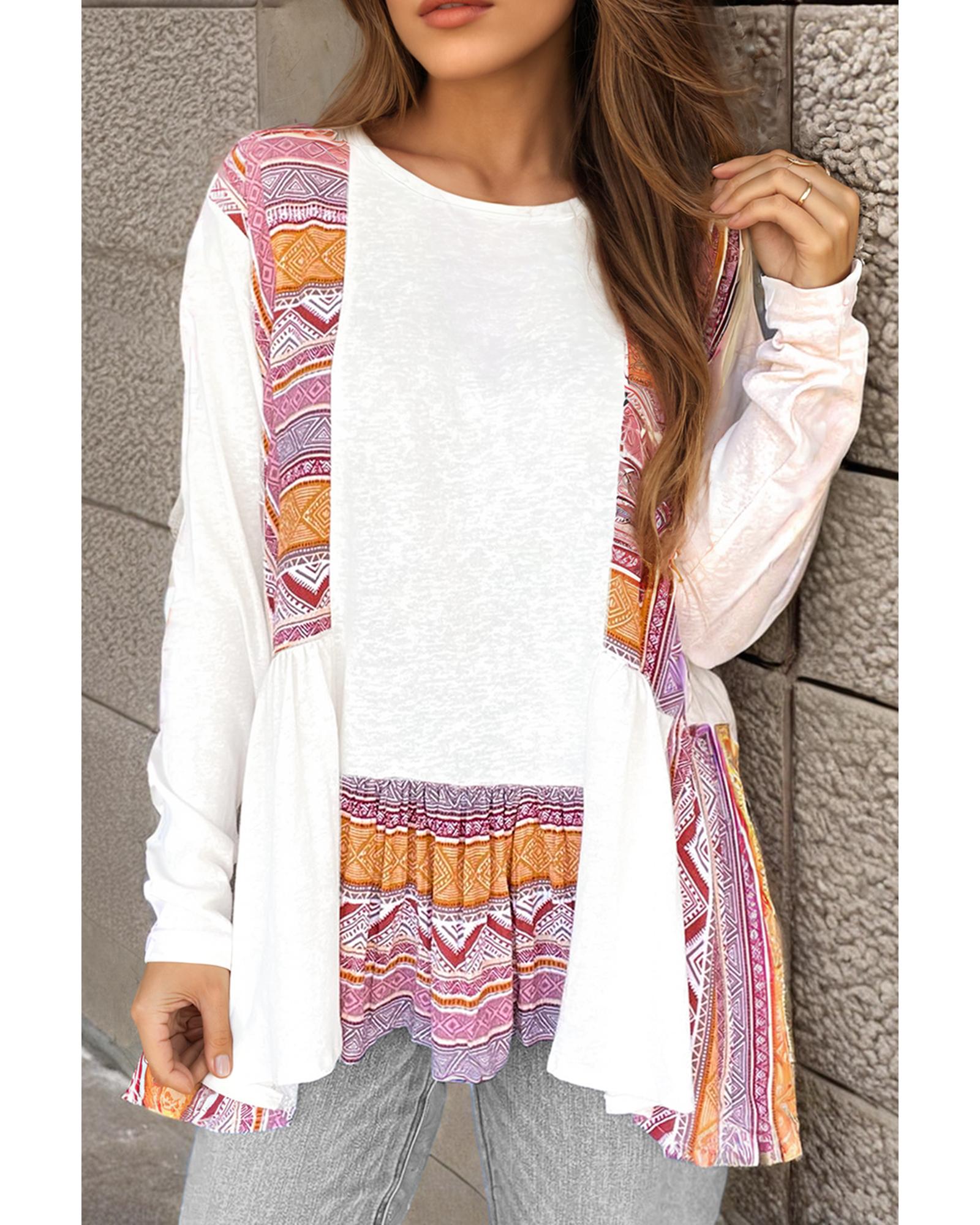 V539-AZEXDC25128984-P101-L-202508270410-00 White Western Aztec Print Patchwork Ruffled Tunic Long Sleeve Babydoll Top - L - Image 1