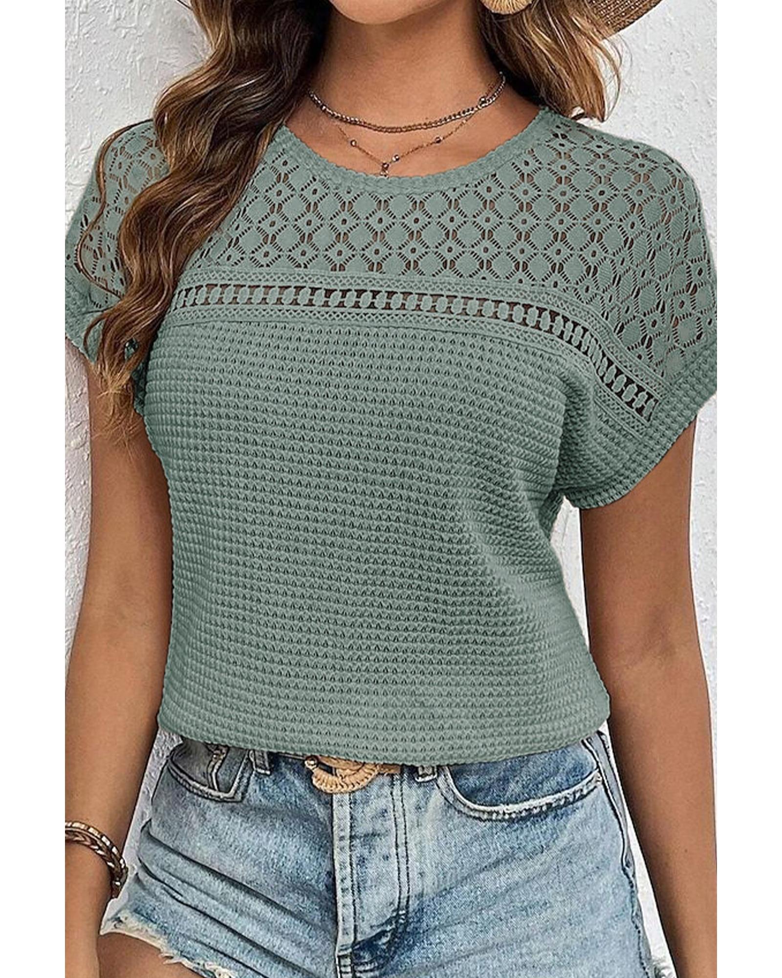 V539-AZEXDC25129075-P509-S-202506120412-00 Mist Green Lace Patchwork Waffle Short Sleeve Top - S - Image 1