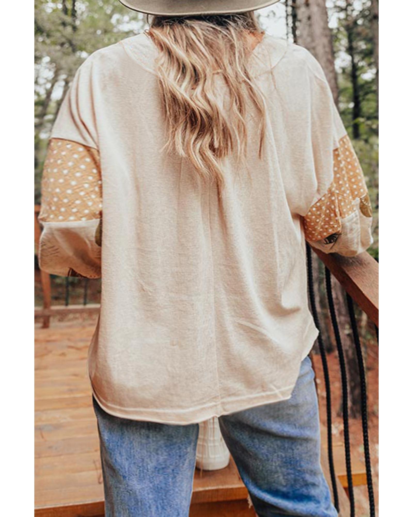 V539-AZEXDC25129124-P2015-XL-202508270905-00 Jet Stream Palm Leaves Polka Dot Puff Sleeve Patchwork V Neck Loose Blouse - XL - Image 1