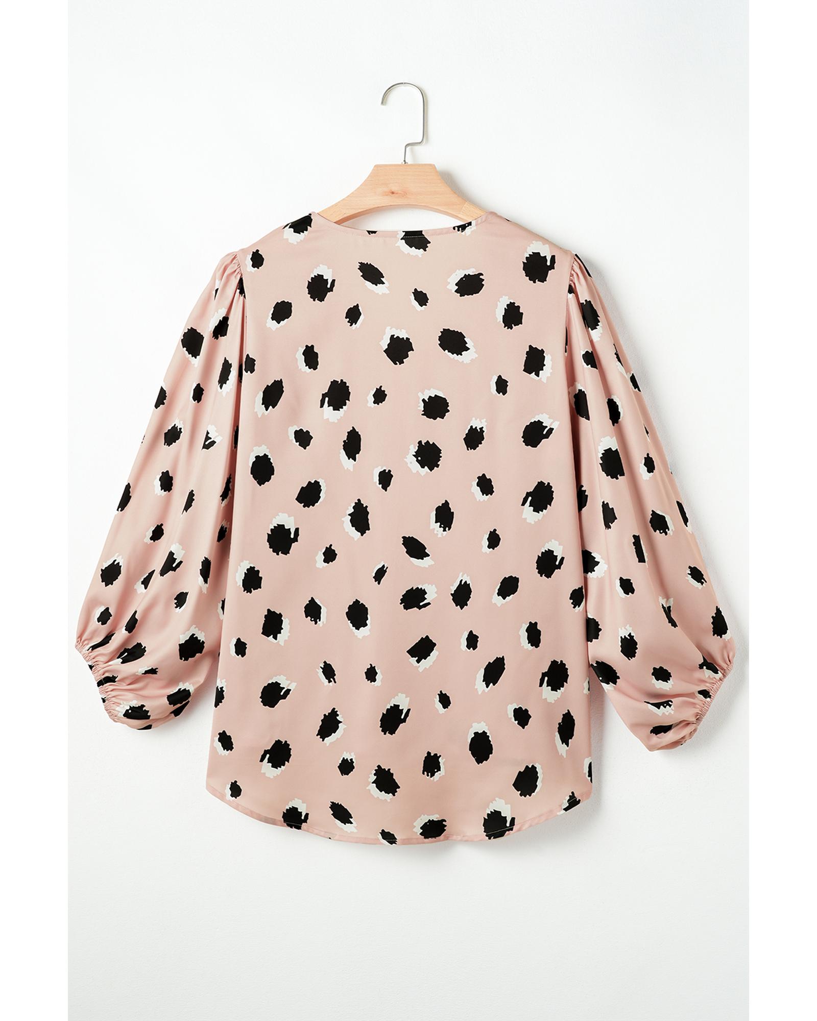 V539-AZEXDC25129160-P1620-S-202506120605-00 Khaki Classic Leopard V Neck Bracelet Sleeve Blouse - S - Image 1