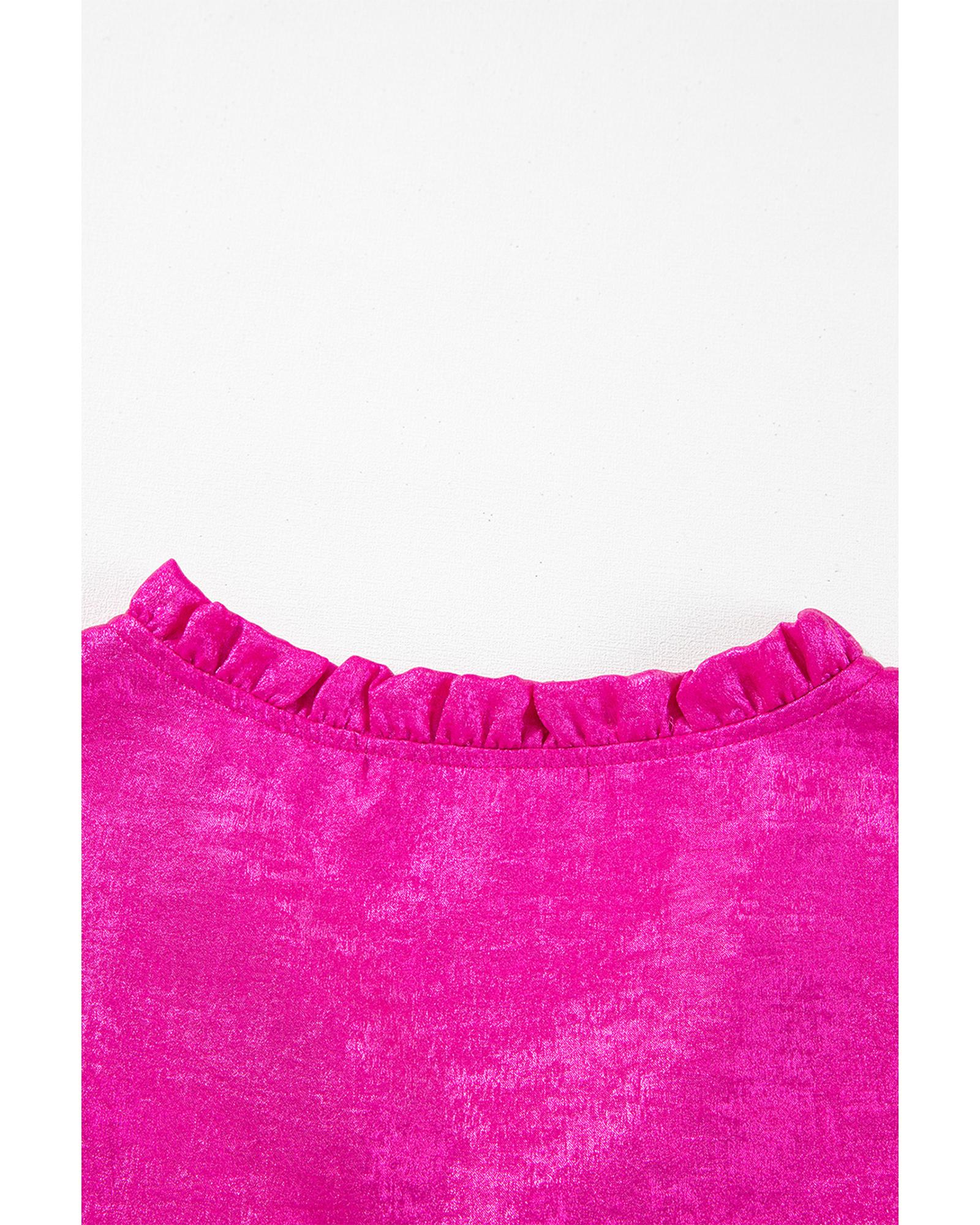 V539-AZEXDC25129163-P6-S-202506120620-00 Rose Red Metallic Frilled V Neck Puff Sleeve Babydoll Blouse - S - Image 1