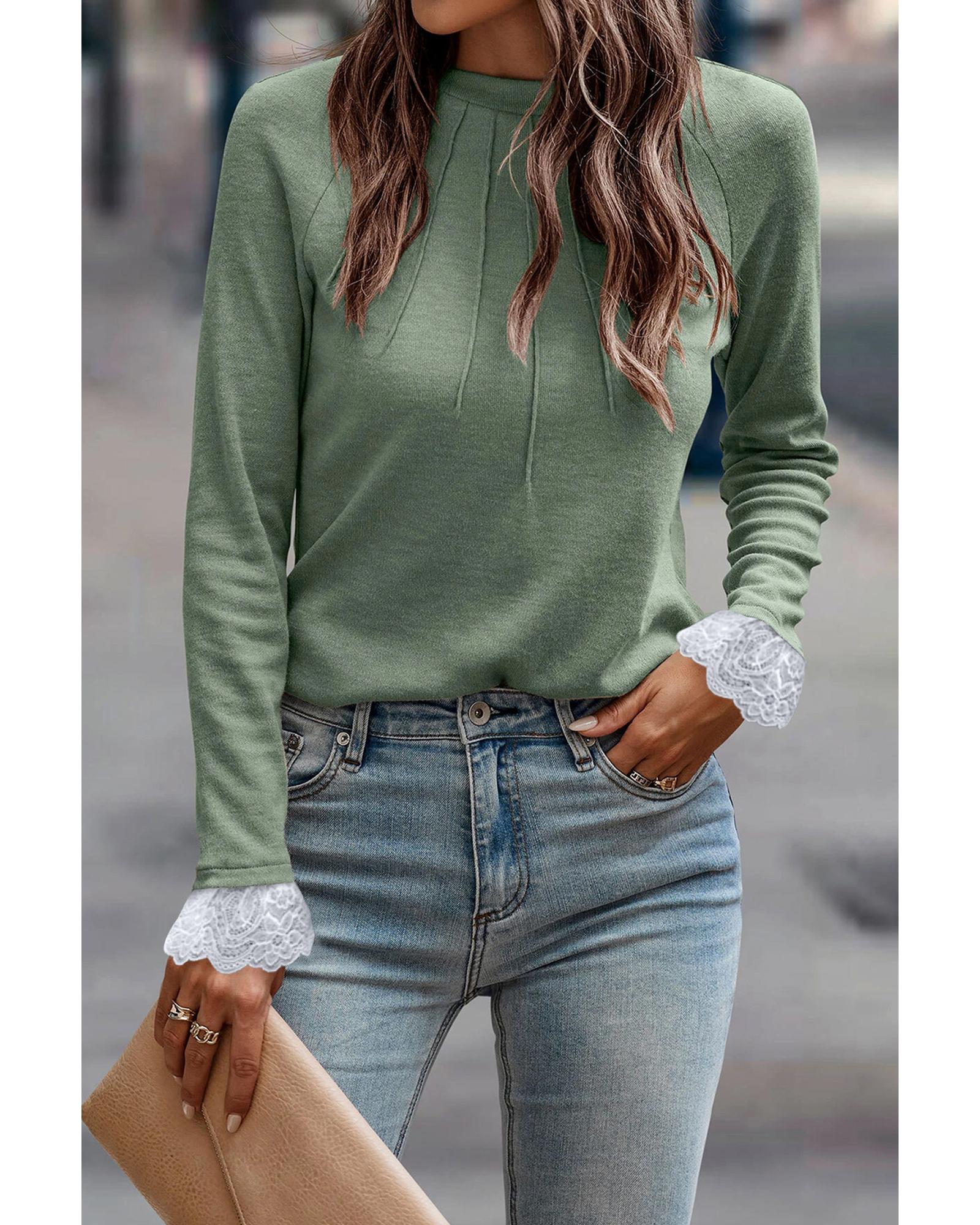 V539-AZEXDC25129189-P1109-S-202506120653-00 Grass Green Seam Detail Lace Contrast Cuffs Raglan Sleeve Top - S - Image 1