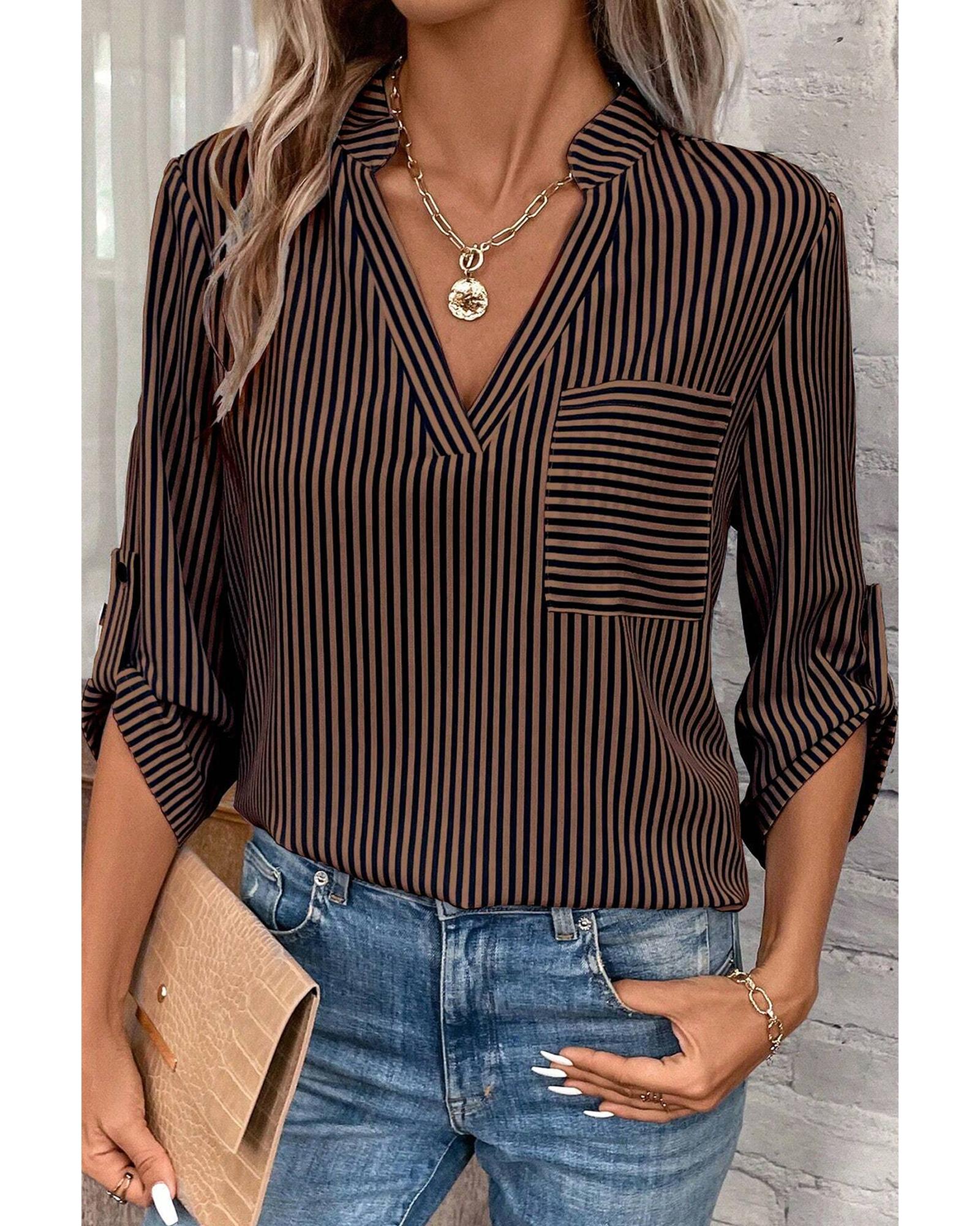 V539-AZEXDC25129190-P1719-M-202508270100-00 Brown Stripe V Neck Roll Up Sleeve Pocket Patched Classic Shirt - M - Image 1