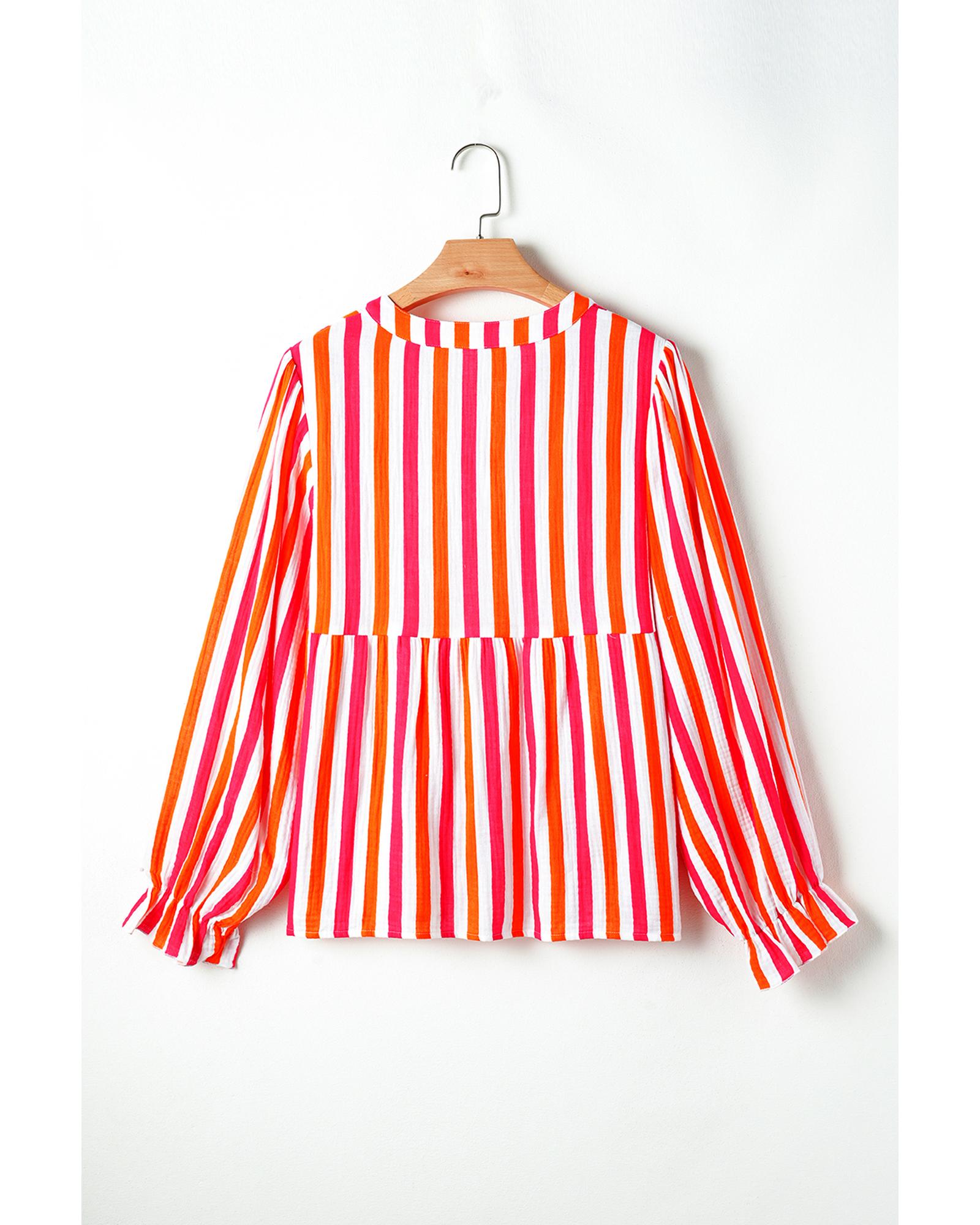 V539-AZEXDC25129203-P1419-XL-202508271055-00 Orange Stripe Balloon Sleeve Notched V Neck Buttoned Front Blouse - XL - Image 1