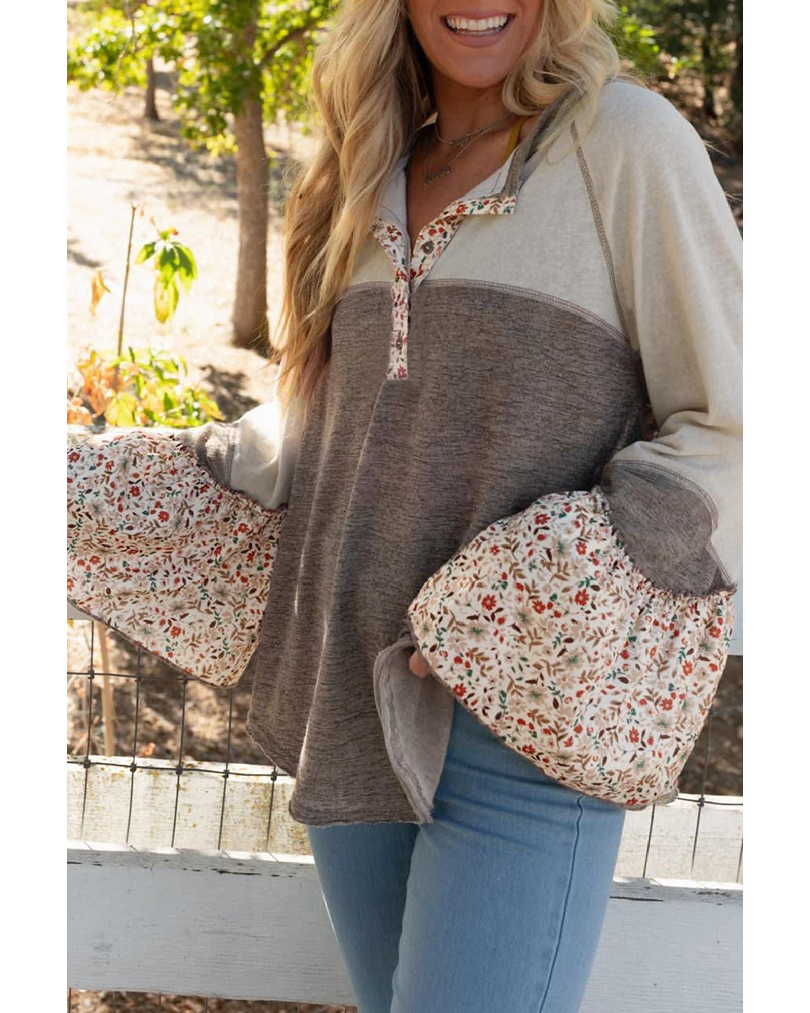 V539-AZEXDC25129212-P1217-L-202508271255-00 Goat Colorblock Floral Patchwork Flared Sleeve Buttons Henley Top - L - Image 1