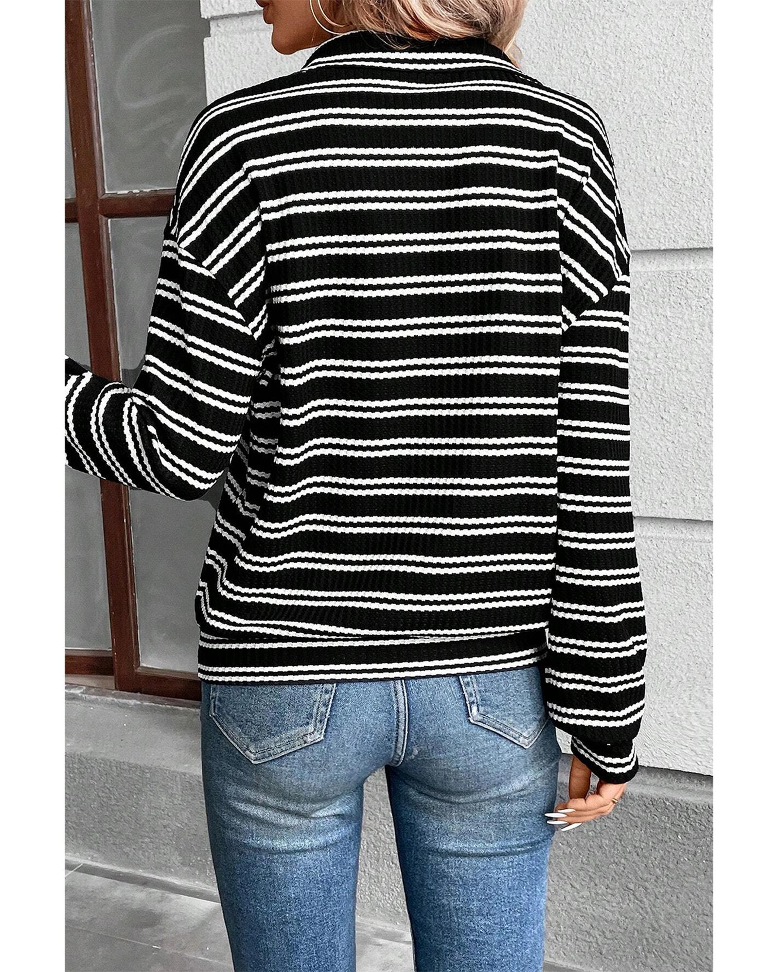 V539-AZEXDC25129223-P219-L-202508270435-00 Black Stripe Textured Quarter Zip Collar Long Sleeve Top - L - Image 1