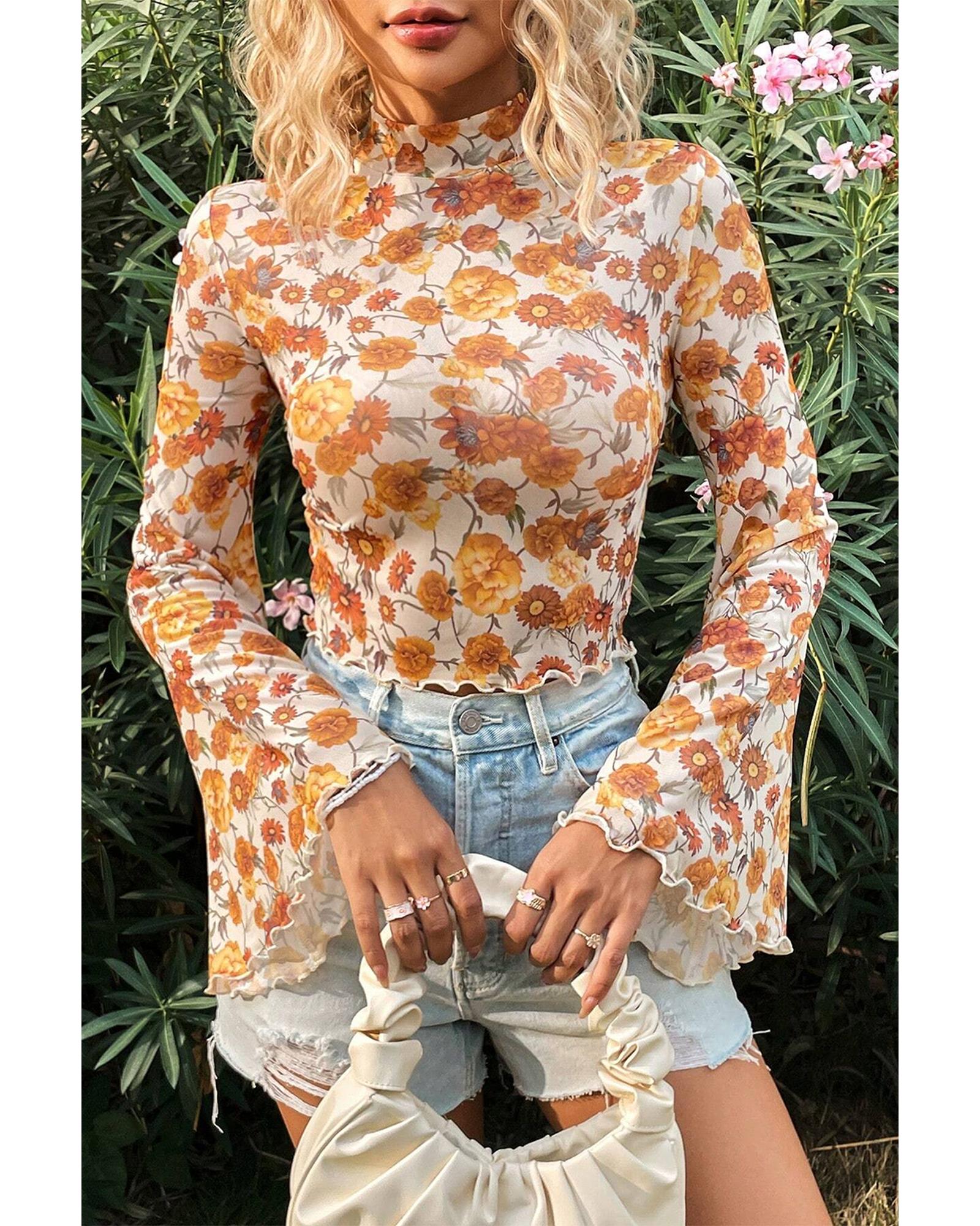 V539-AZEXDC25129230-P1420-XL-202508271540-00 Orange Floral Printed Bell Sleeve Mock Neck Scallop Trim Blouse - XL - Image 1