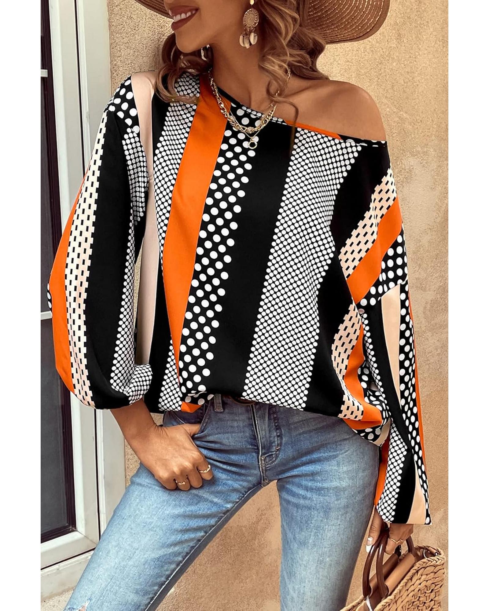 V539-AZEXDC25129282-P1422-L-202508271430-00 Orange Polka Dot Vertical Striped Printed Puff Sleeve Blouse - L - Image 1
