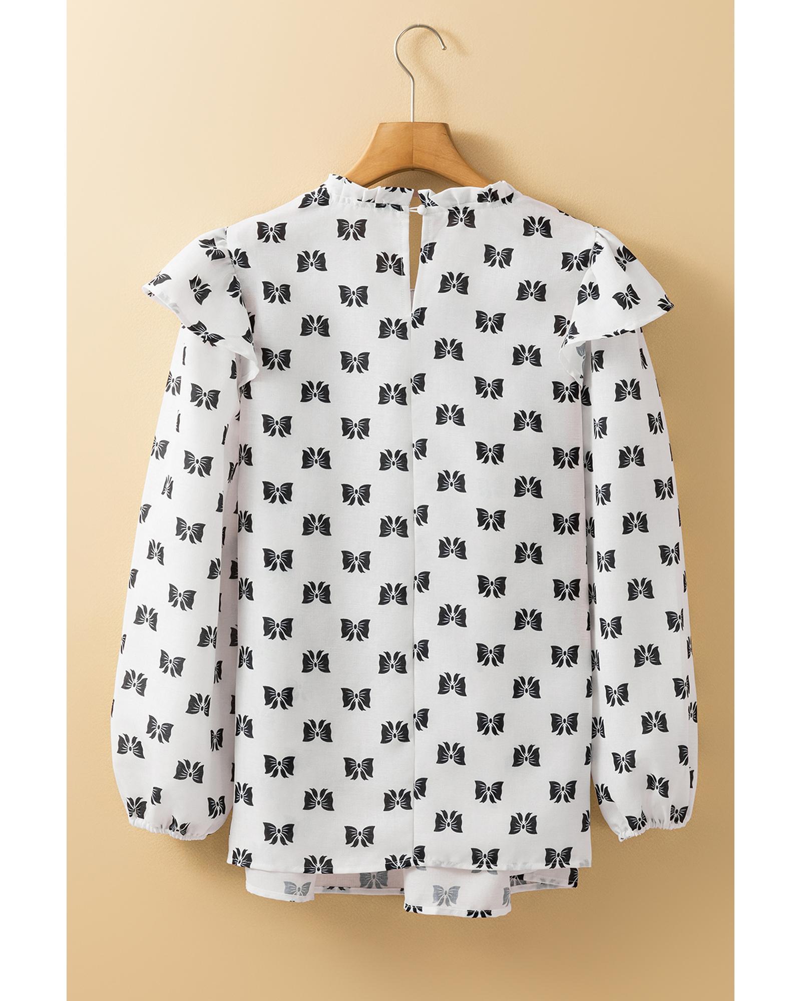 V539-AZEXDC25129290-P120-S-202506120827-00 White Bow Knot Print Piping Trim Ruffled Crew Neck Blouse - S - Image 1