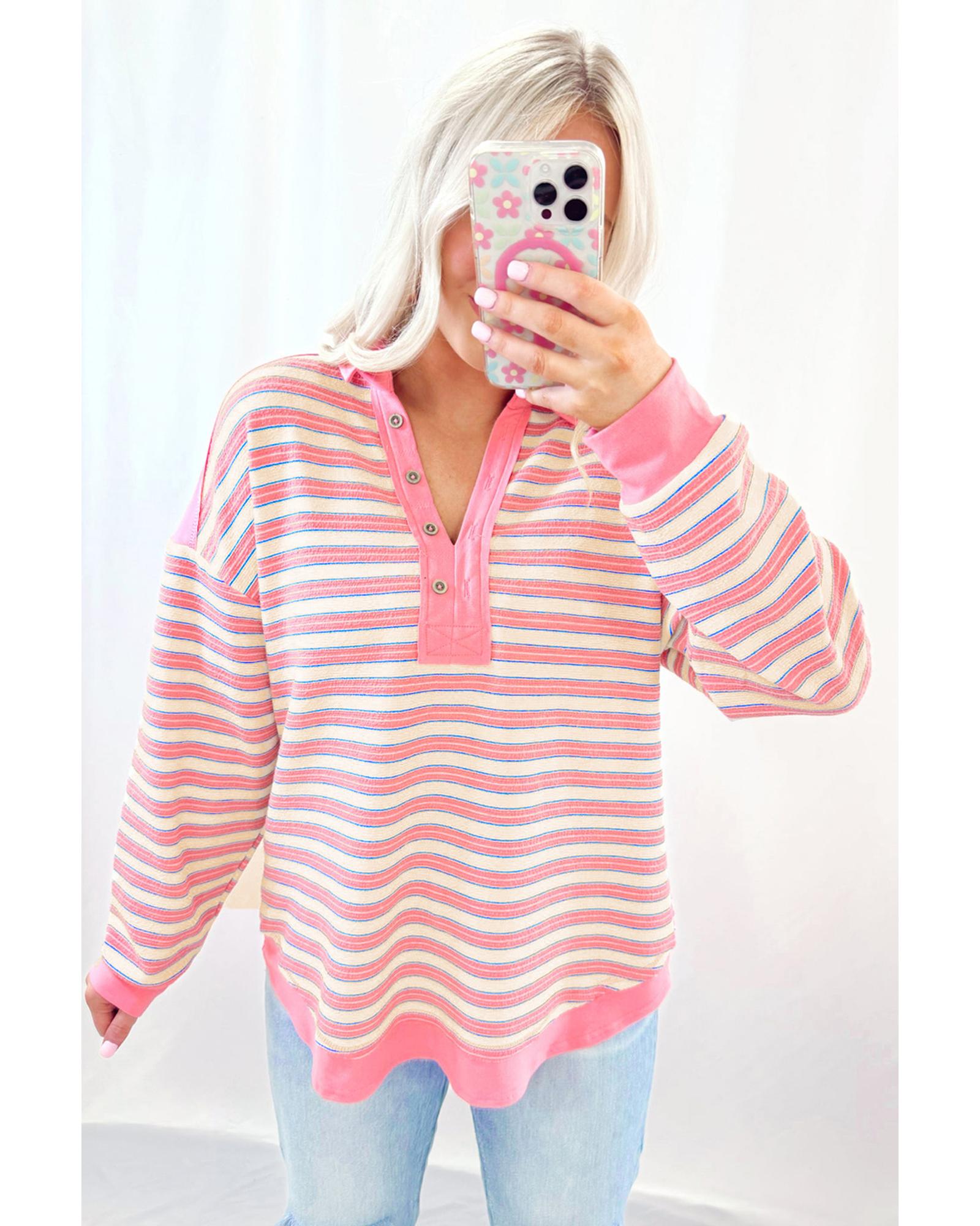 V539-AZEXDC25129317-P1019-S-202506120207-00 Pink Stripe Buttoned V Neck Collared Drop Shoulder Top - S - Image 1