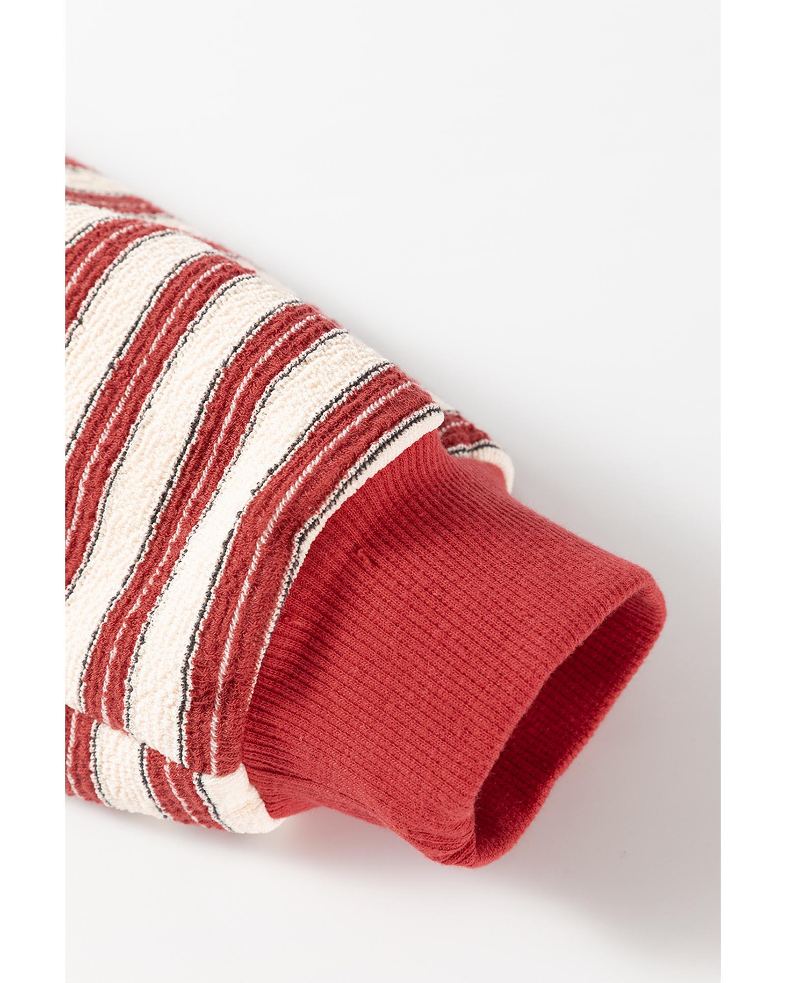 V539-AZEXDC25129317-P319-S-202506120212-00 Red Stripe Buttoned V Neck Collared Drop Shoulder Top - S - Image 1